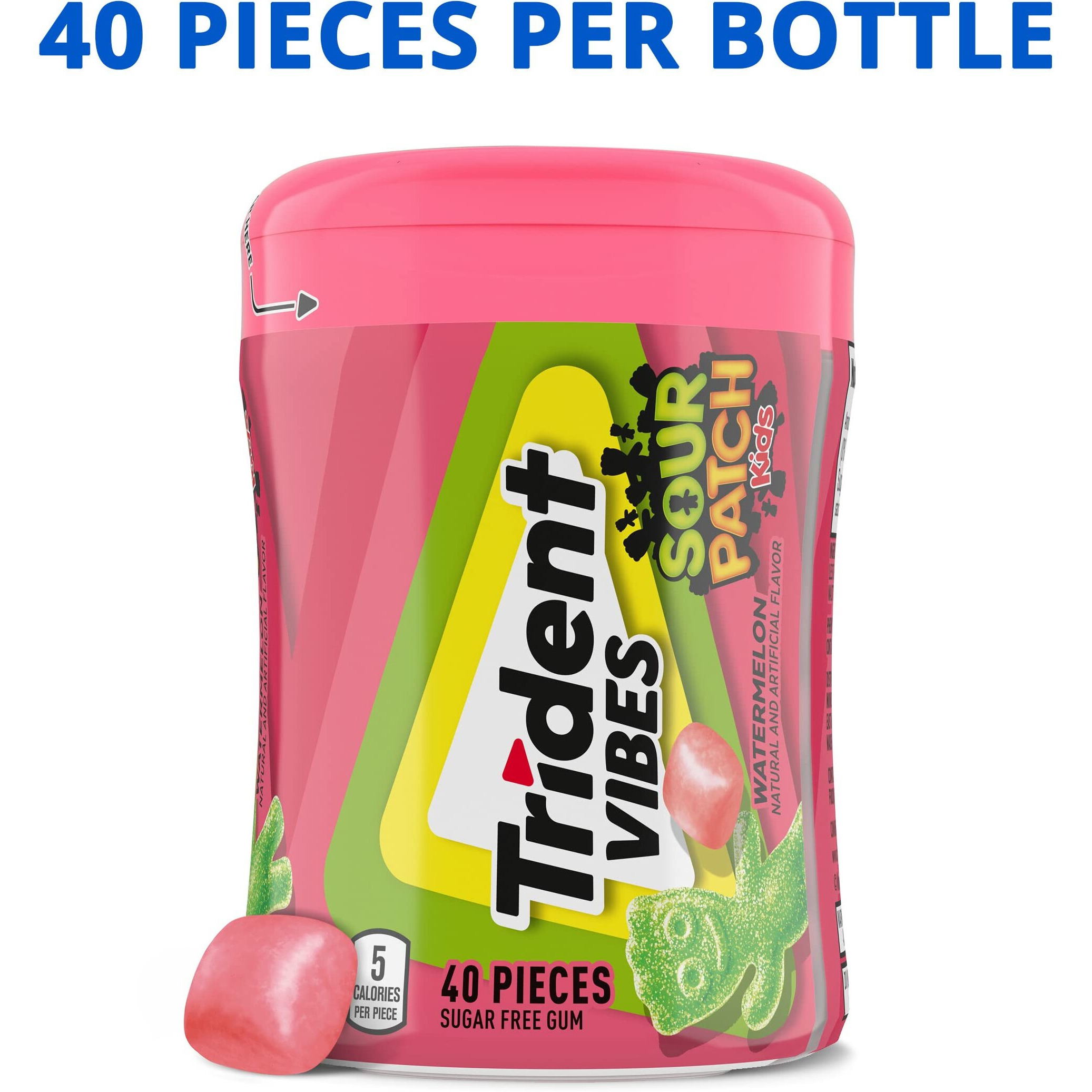 Trident Vibes Sour Patch Kids Watermelon Sugar Free Gum, 4 Bottles Of 40 Pieces (160 Total Pieces)