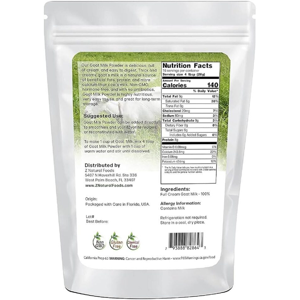 Z Natural Foods Goat Milk Powder - Pure Netherlands Full Cream Milk, Powdered Goat Milk, Highly Nutritious, Easy Digestion - Whole Goats Milk For Adults For Smoothies, Cooking, Baking, 1 Lb