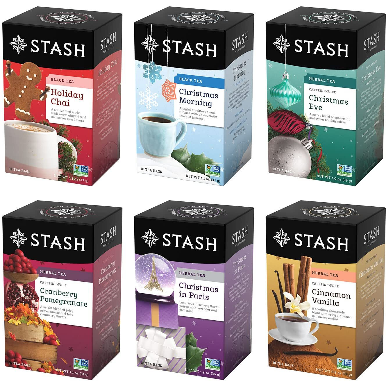 Stash Tea Holidays Are Here Variety Pack Sampler Assortment - Caffeinated, Non-Gmo Project Verified Premium Tea With No Artificial Ingredients, 18 Count (Pack Of 6) - 108 Bags Total