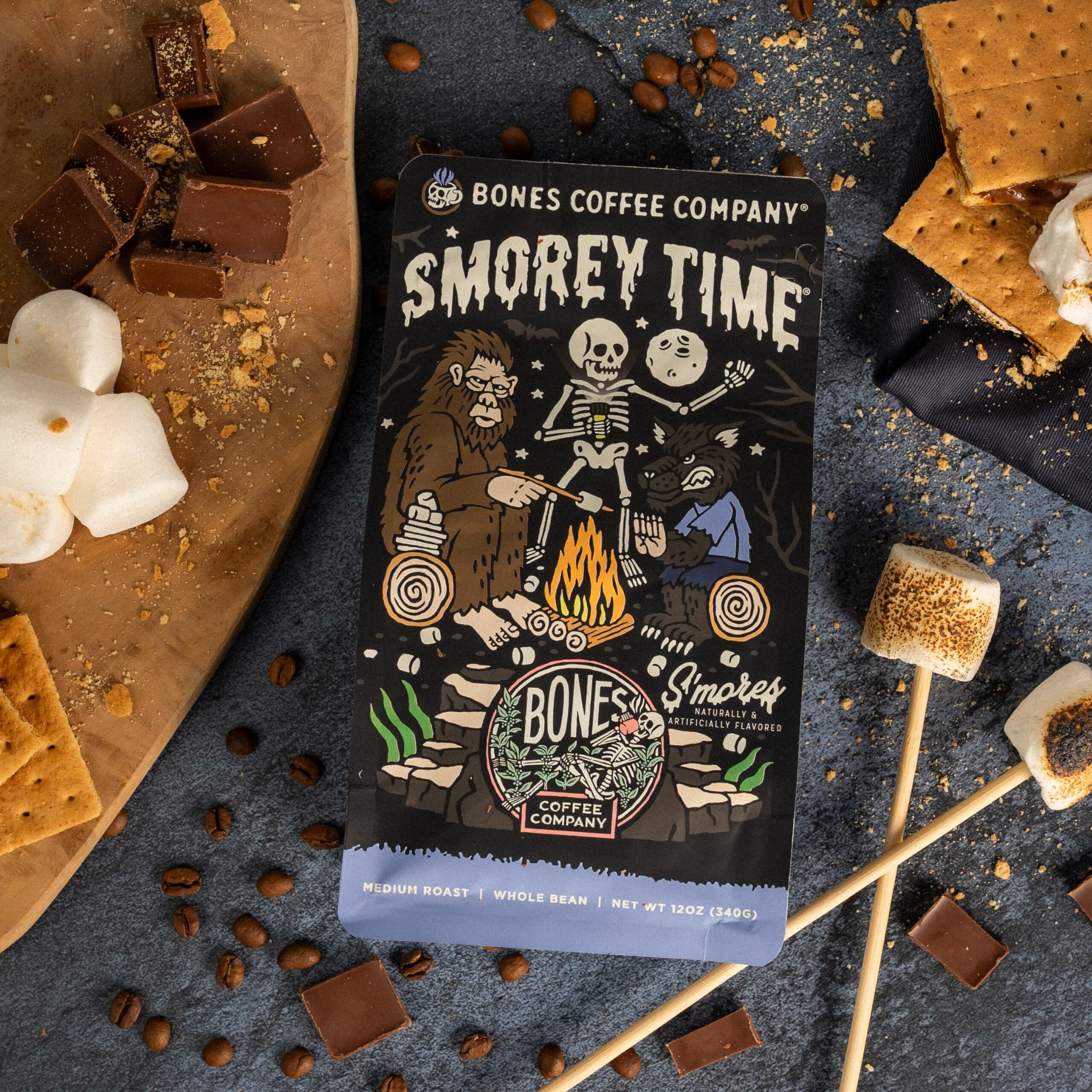 Bones Coffee Company S'Morey Time Whole Coffee Beans S'Mores And Graham Crackers Flavor, Low Acid Flavored Coffee, Made With Arabica Coffee Beans, Medium Roast Coffee, Coffee Lover Gift Ideas (12 Oz)