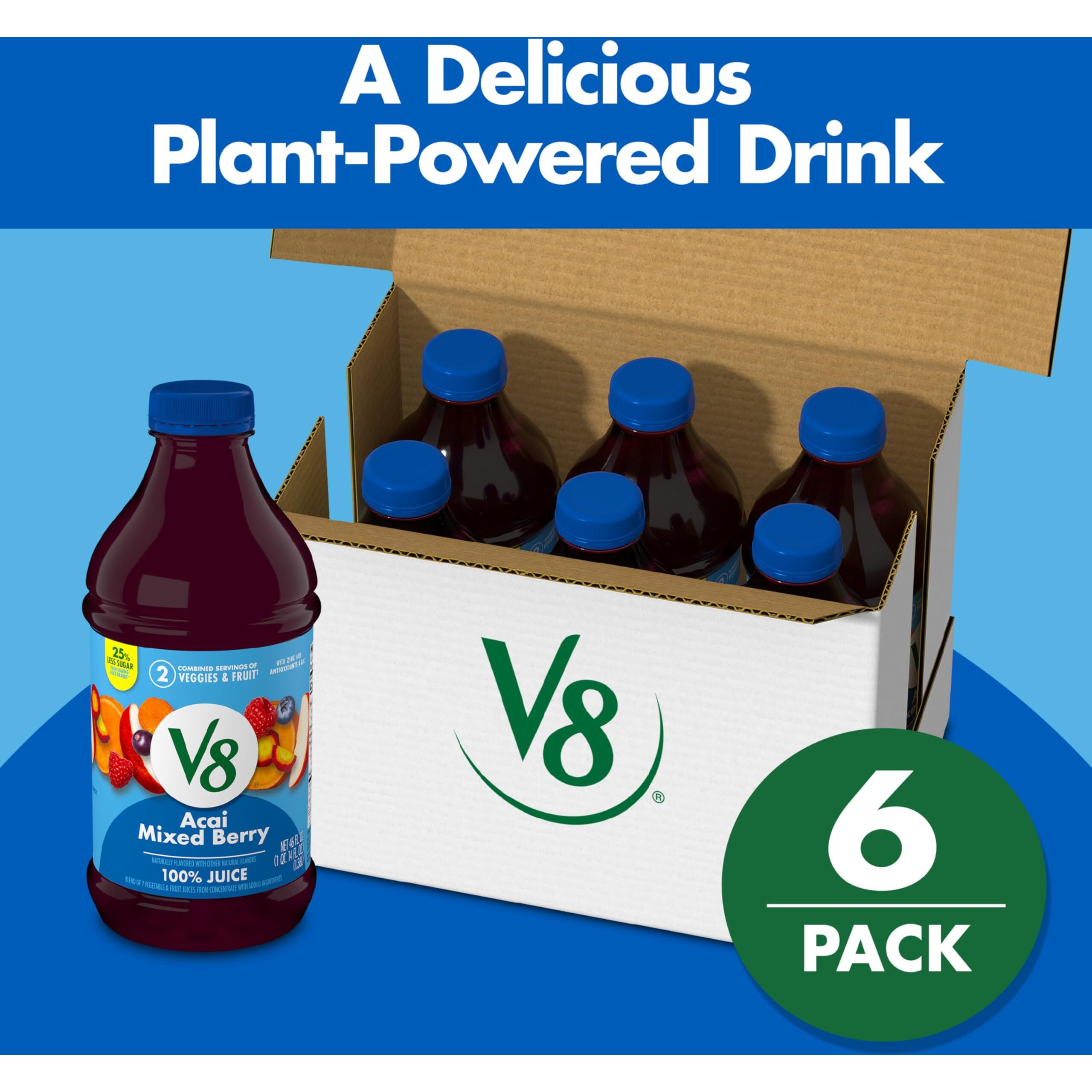 V8 Acai Mixed Berry 100% Fruit And Vegetable Juice, 46 Fl Oz Bottle (6 Pack)