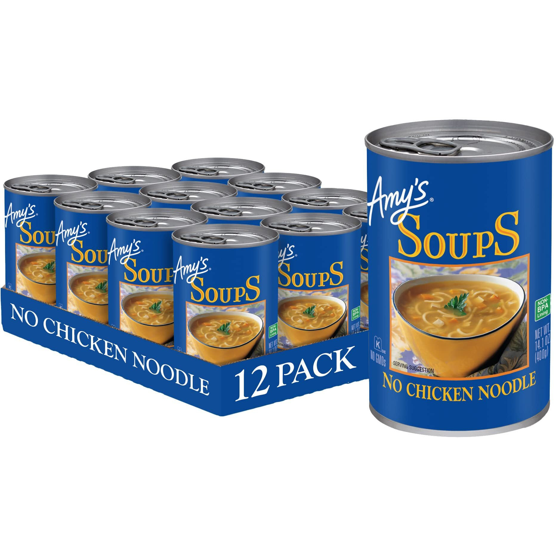 Amy's Soup, Vegan No Chicken Noodle Soup, With Organic Noodles, Vegetables And Tofu, Canned Soup, 14.1 Oz (12 Pack)