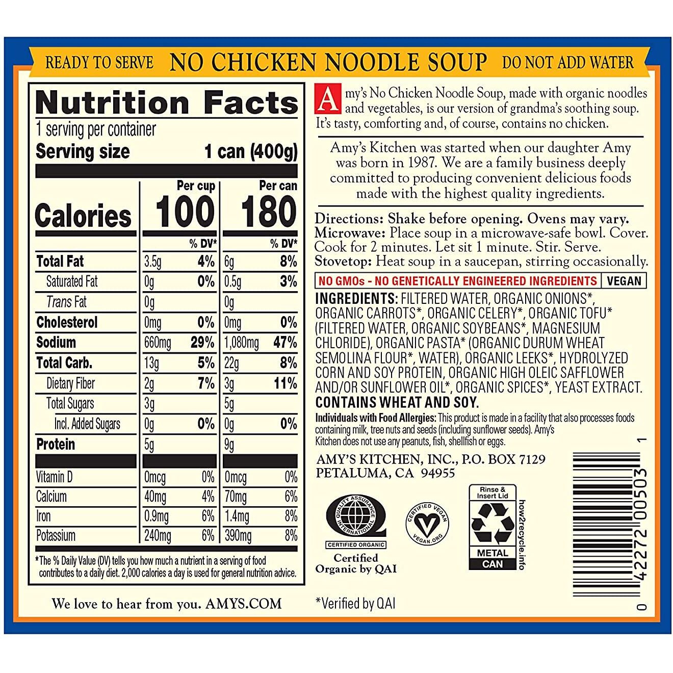 Amy's Soup, Vegan No Chicken Noodle Soup, With Organic Noodles, Vegetables And Tofu, Canned Soup, 14.1 Oz (12 Pack)