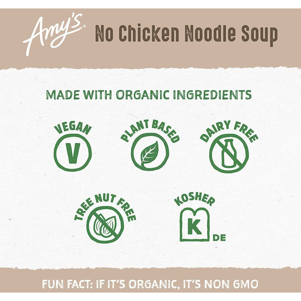 Amy's Soup, Vegan No Chicken Noodle Soup, With Organic Noodles, Vegetables And Tofu, Canned Soup, 14.1 Oz (12 Pack)
