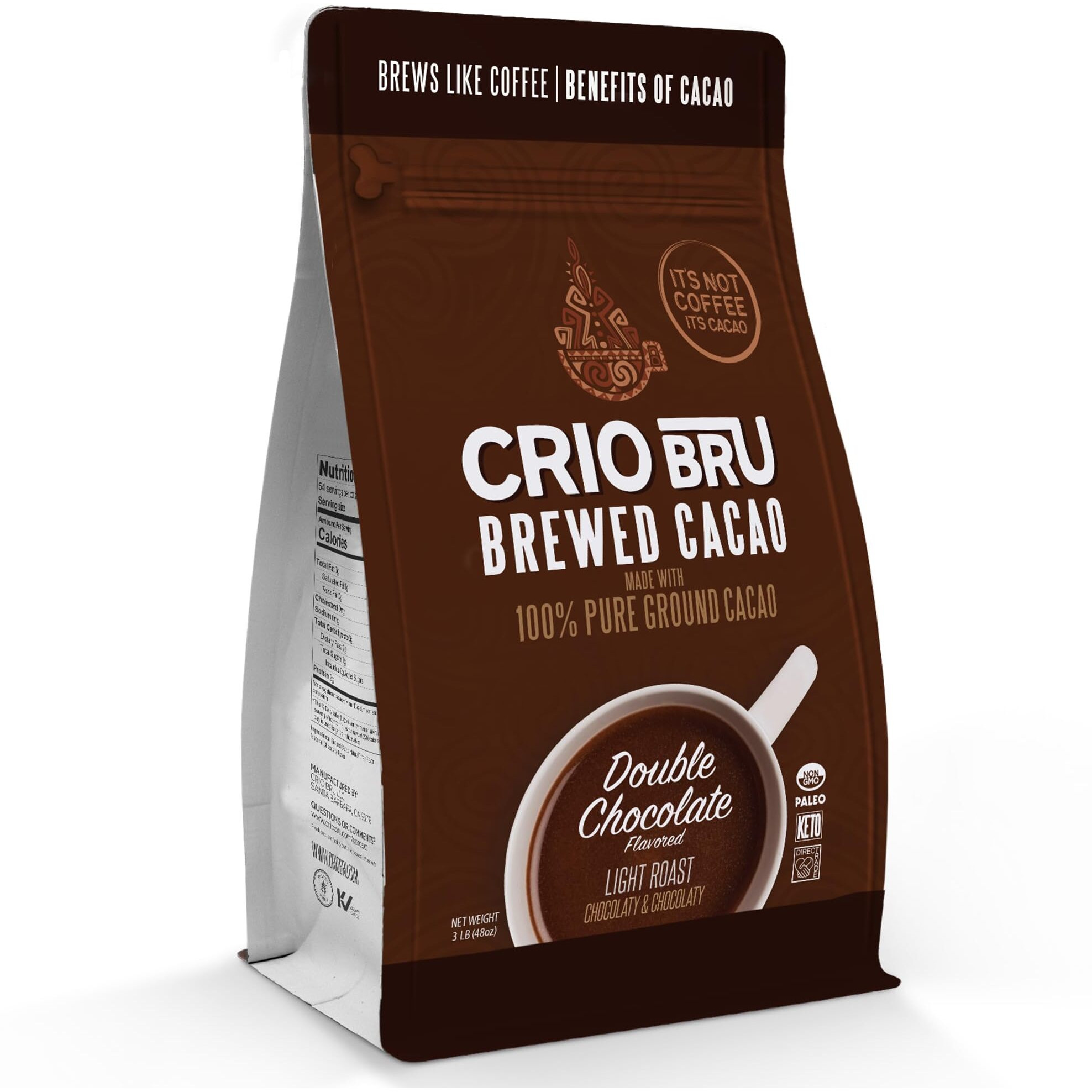 Crio Bru Brewed Cacao Double Chocolate Light Roast - Coffee Alternative Natural Healthy Drink | 100% Pure Ground Cacao Beans | 99.99% Caffeine Free, Keto, Low Carb, Paleo, Brew And Enjoy Hot Or Iced (3 Pound (Pack Of 1))