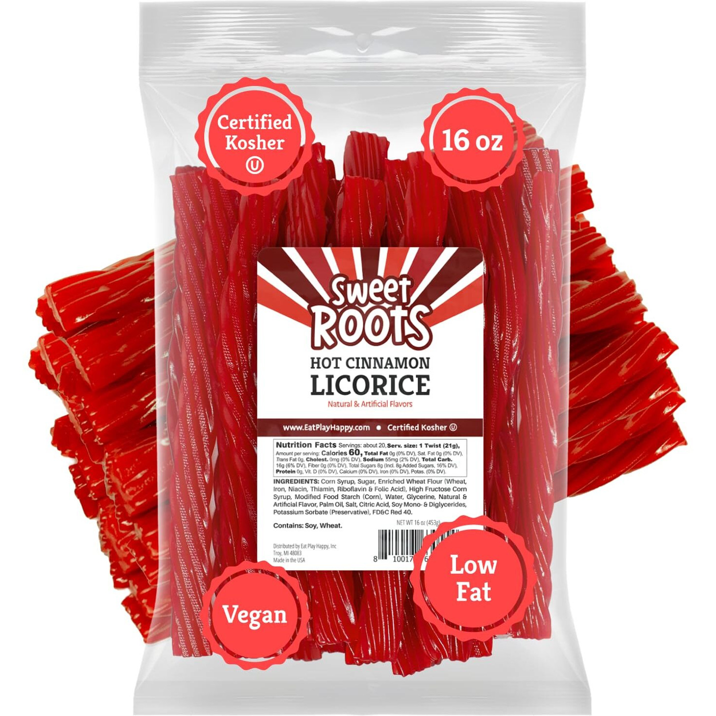 Sweet Roots Hot Cinnamon Licorice Twists (16 Oz / 1 Bag) - Jumbo Size - Certified Kosher - Vegan - Fat Free