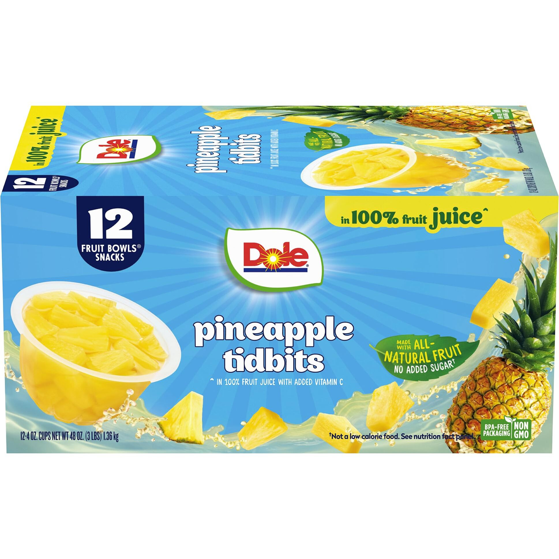 Dole Pineapple Tidbits In 100% Juice^ - Dole Fruit Bowls Snacks - 4 Oz Fruit Bowls - 12 Pack