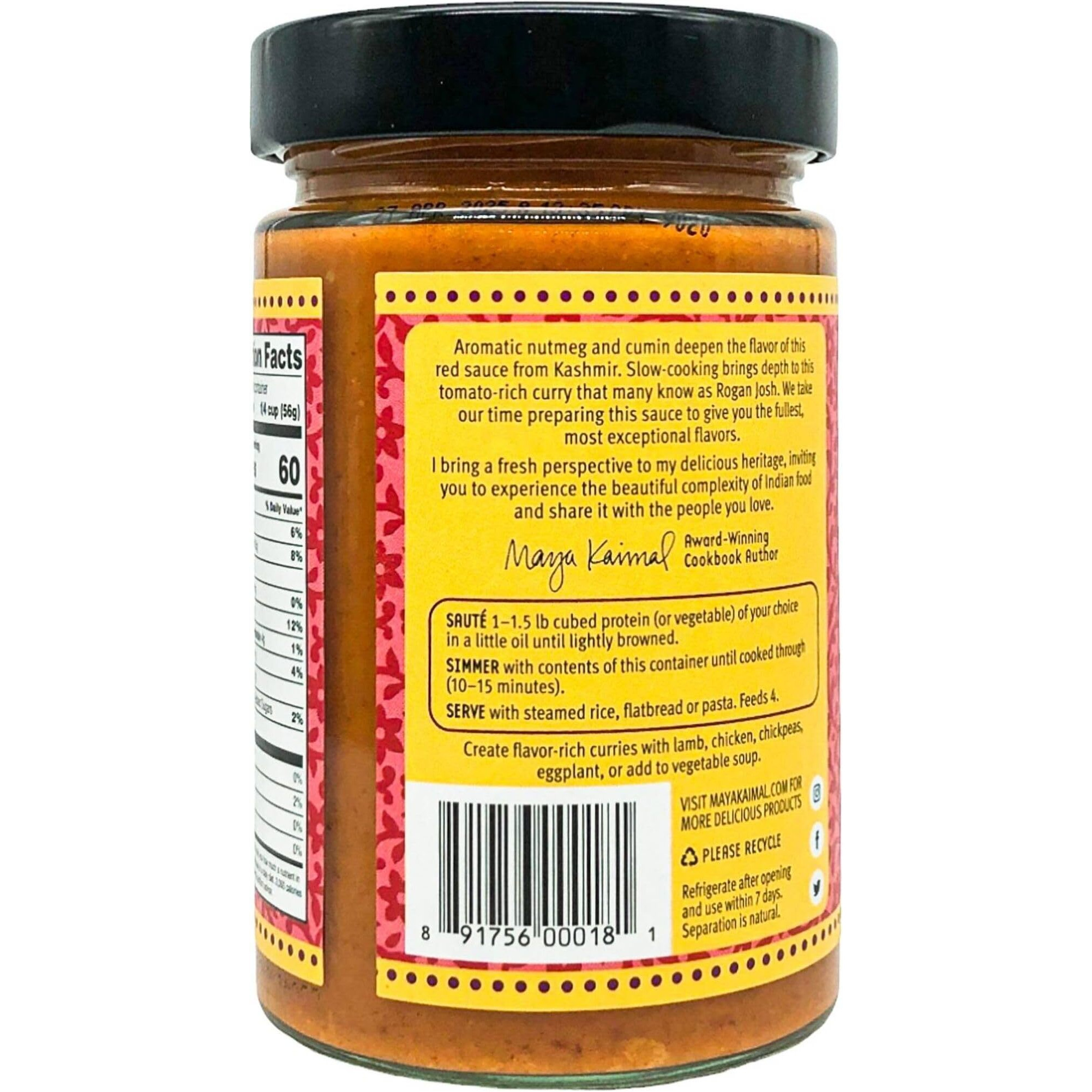 Maya Kaimal Kashmiri Curry Sauce, 12.5 Oz, Mild Indian Simmer Sauce With Tomato And Nutmeg. Vegan, Gluten Free, Non-Gmo Project Verified, Vegetarian