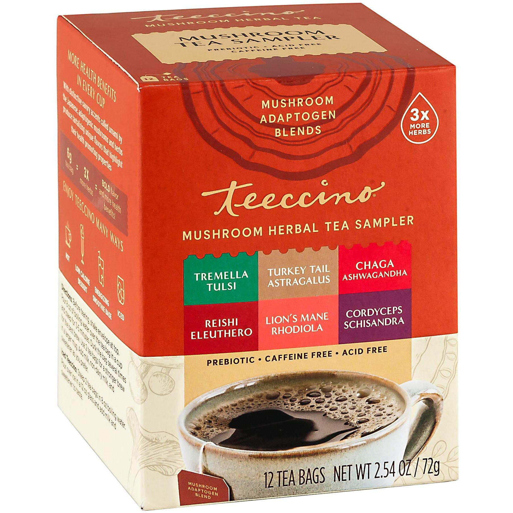 Teeccino Mushroom Herbal Tea - Mushroom Adaptogen Tea Sampler - Support Your Health With Mushrooms And Adaptogenic Herbs, Prebiotic, Caffeine Free, Acid Free, 12 Tea Bags