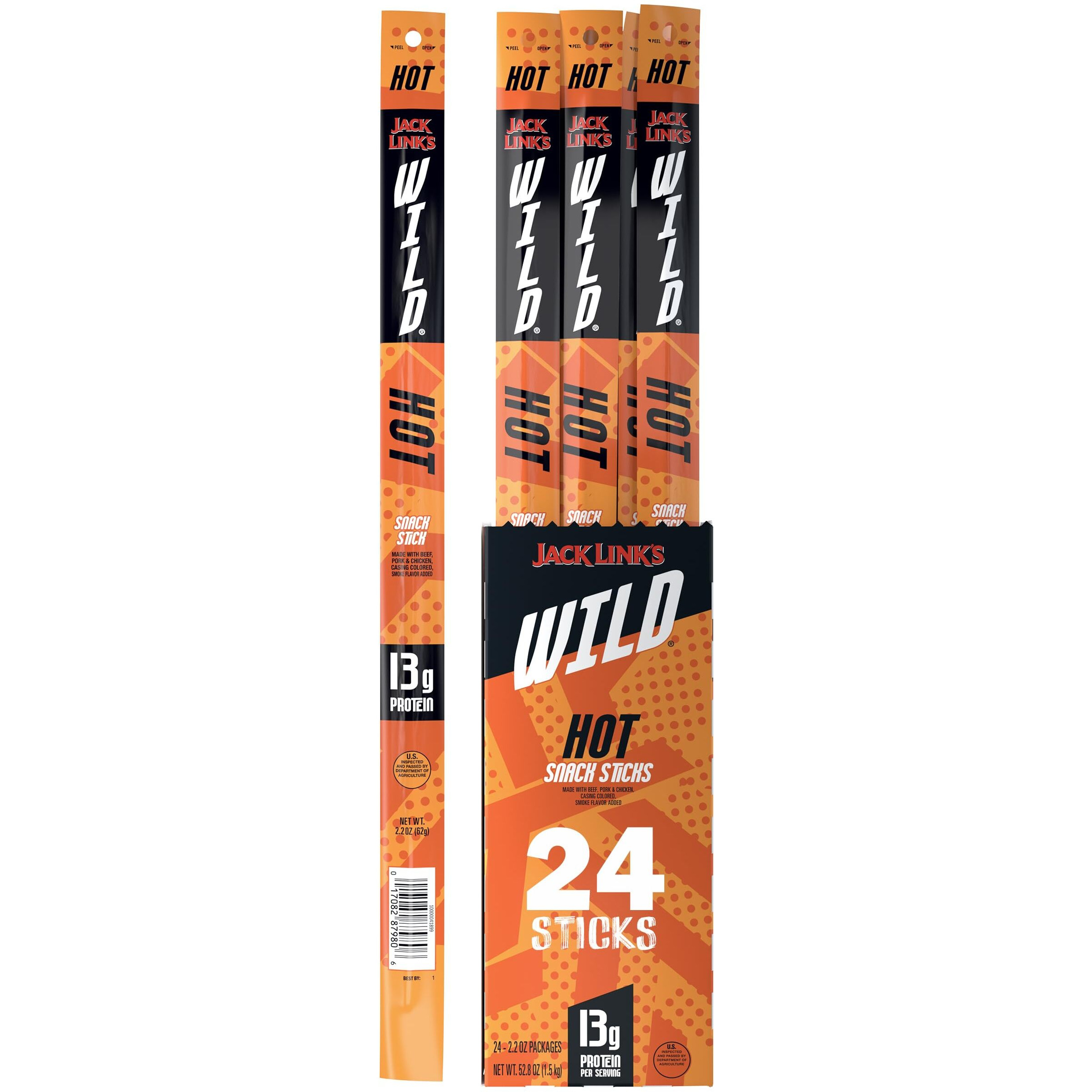 Jack Link's Wild Beef Sticks, Hot - Spicy Protein Snack, Meat Stick With 14G Of Protein, Individually Wrapped Beef Snack Sticks, 2.2 Oz. (Pack Of 24)