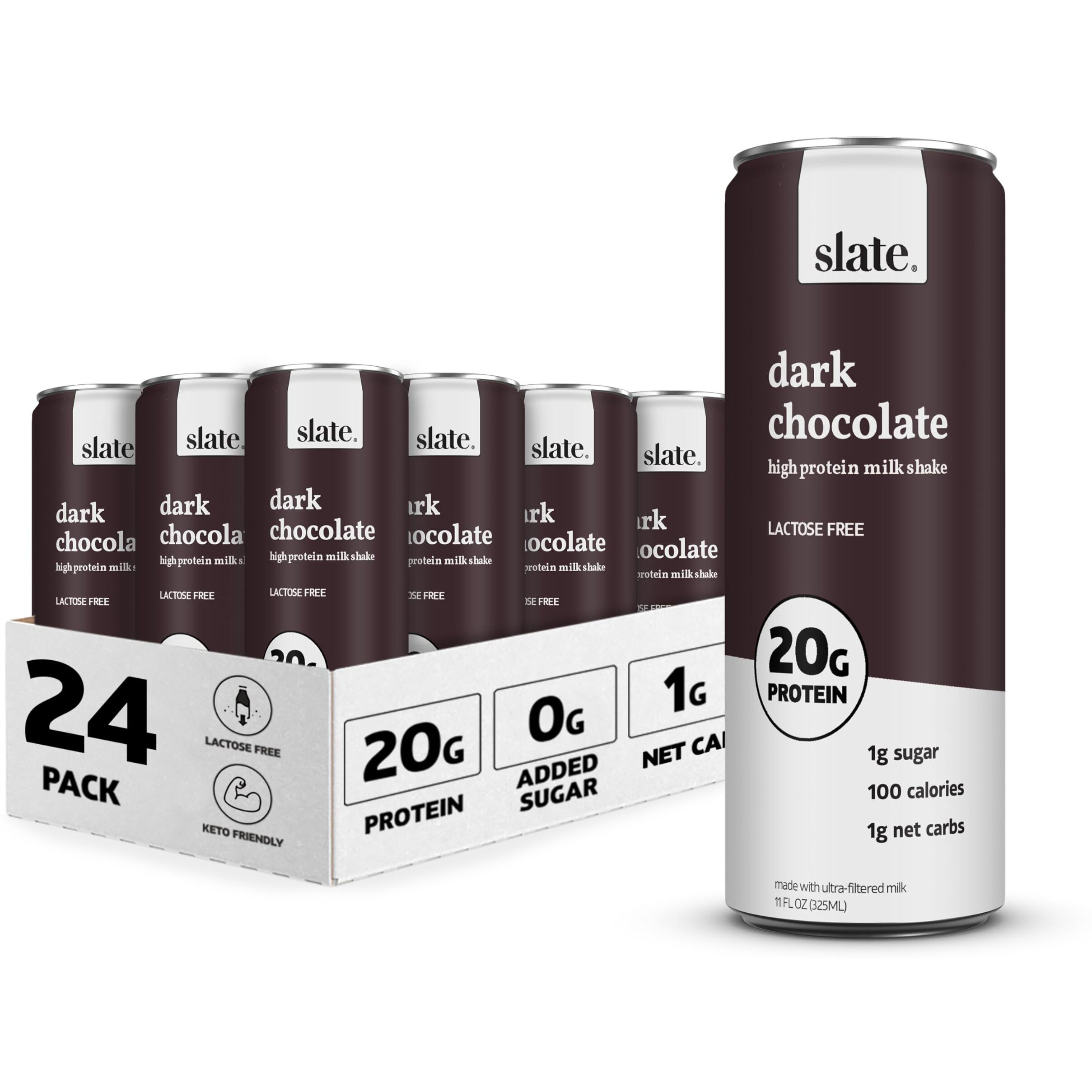 Slate Milk - High Protein Milk Shake - Dark Chocolate - Lactose Free, 20G Protein, 1G Sugar, 100 Calories, 1G Net Carbs, No Added Sugar - Natural, Breakfast Boost, Post Workout - 11 Fl Oz, 24 Cans
