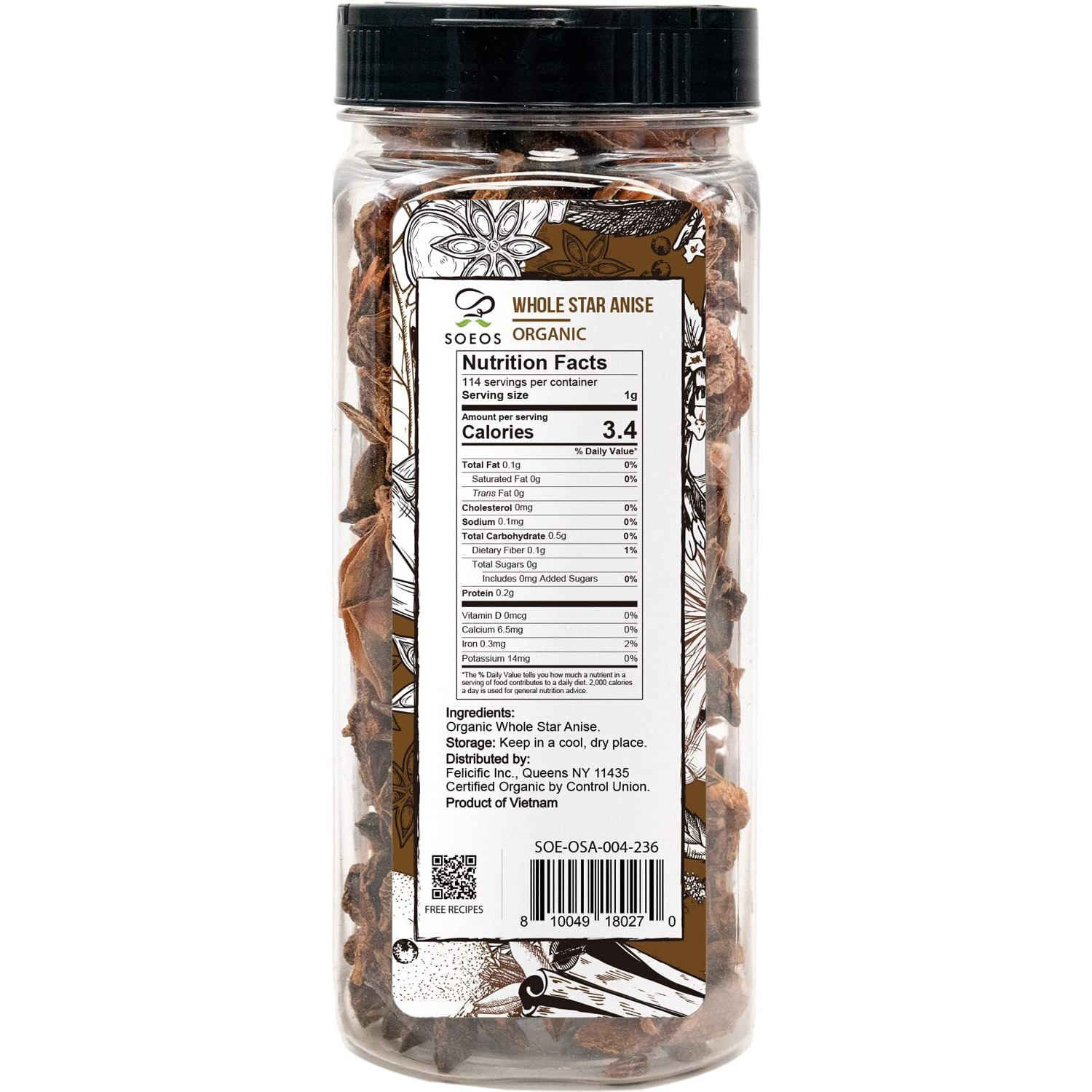 Soeos Organic Star Anise, Whole Star Anise 4 Oz (114G), Chinese Star Anise Pods, Star Anise Organic Whole, Non-Gmo Verified, Dried Star Anise For Beverages, Cooking, Baking