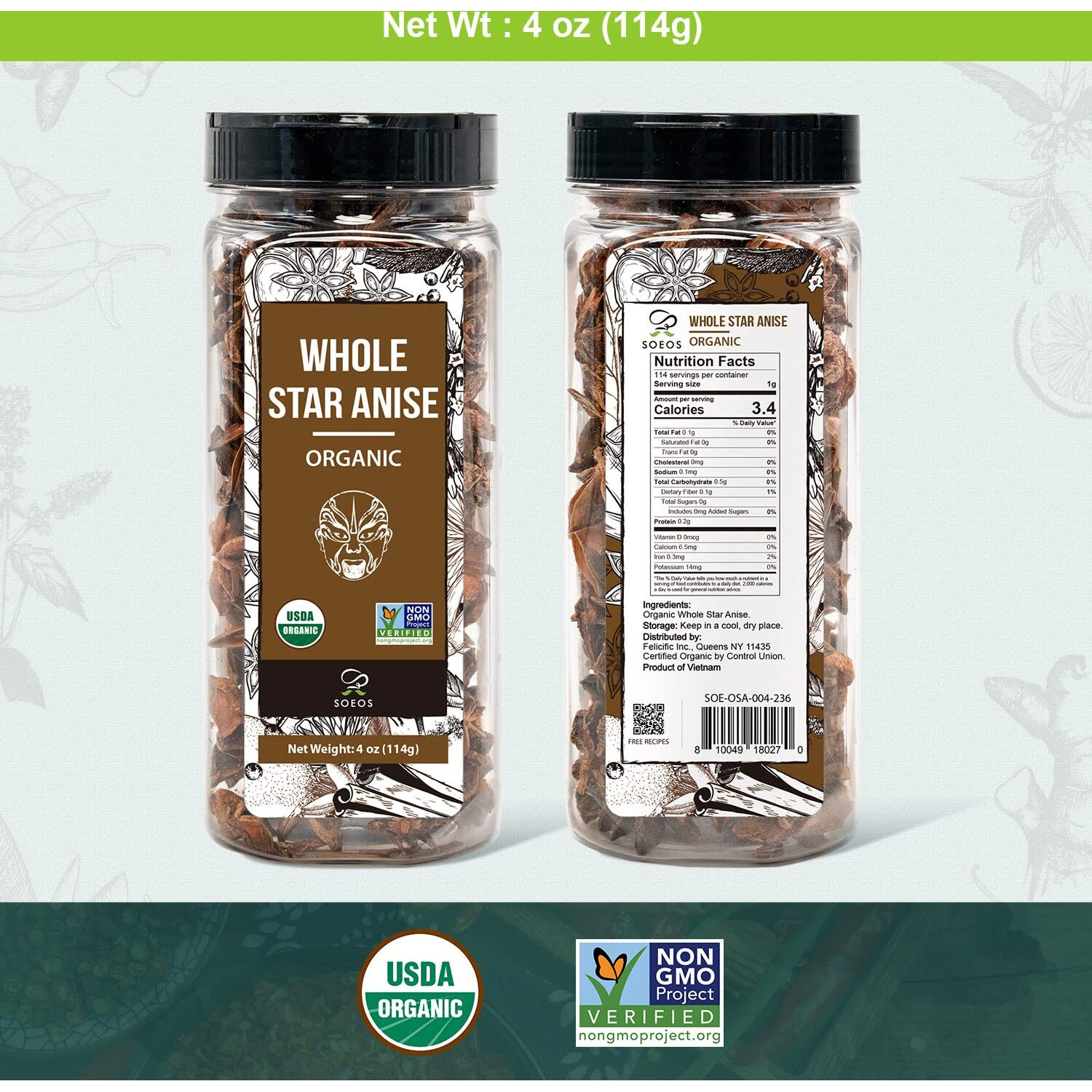 Soeos Organic Star Anise, Whole Star Anise 4 Oz (114G), Chinese Star Anise Pods, Star Anise Organic Whole, Non-Gmo Verified, Dried Star Anise For Beverages, Cooking, Baking