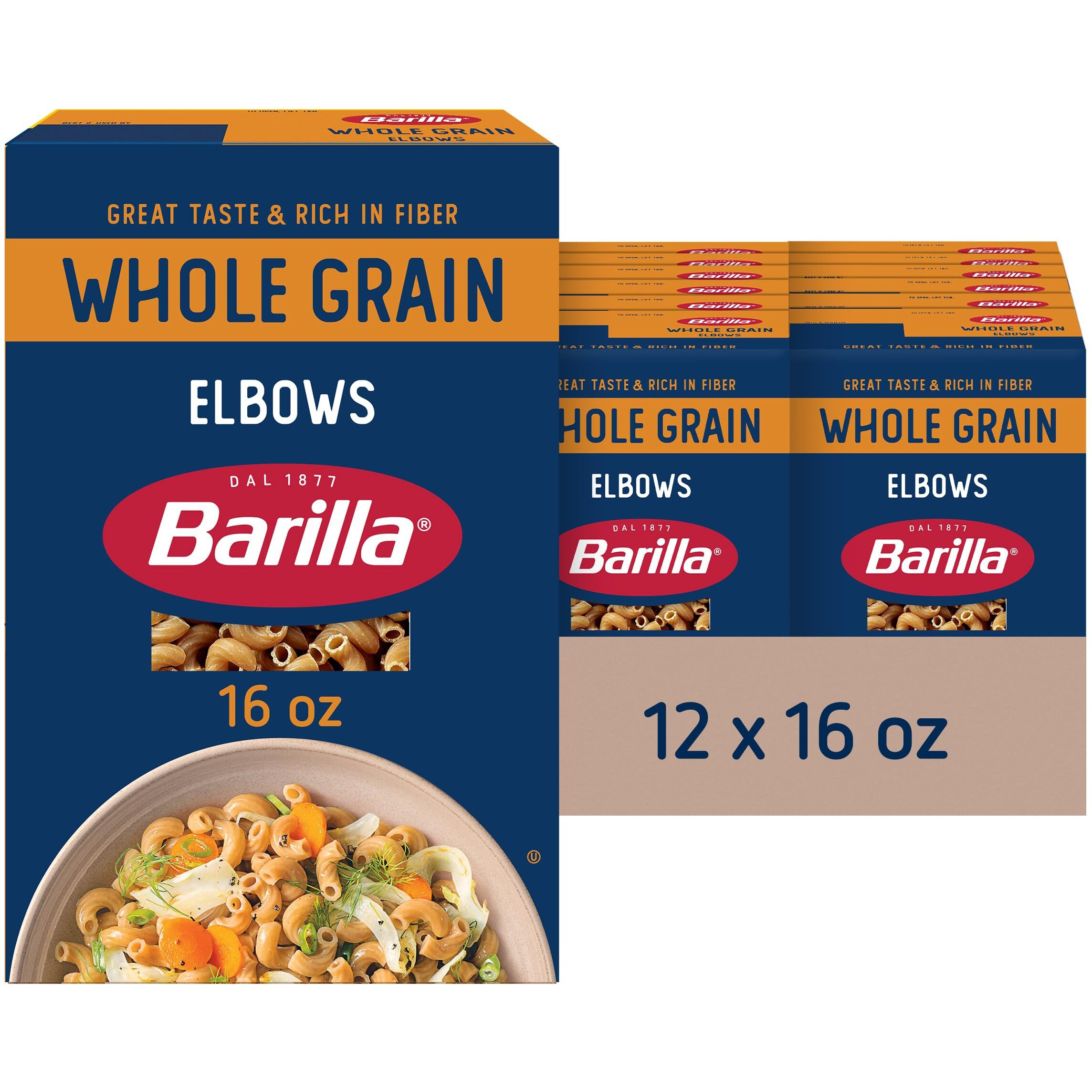 Barilla Whole Grain Elbows Pasta, 16 Oz. Box (Pack Of 12) - Non-Gmo Pasta Made With 100% Whole Grain Durum Wheat - Great Source Of Fiber