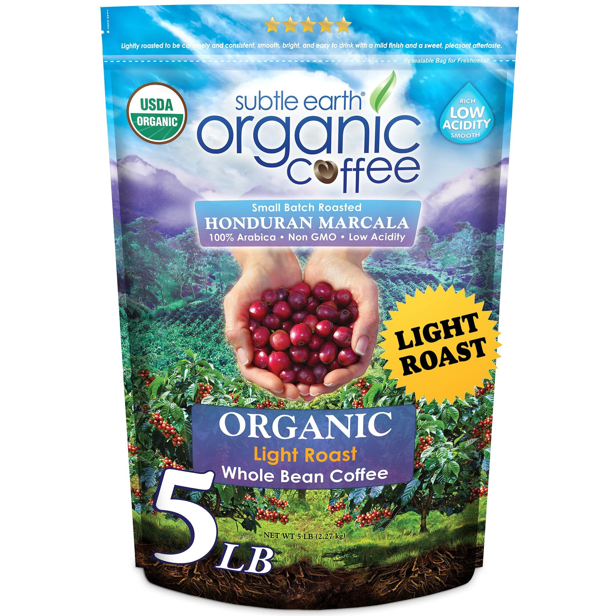 Subtle Earth Organic Coffee - Light Roast - Whole Bean Coffee - 100% Arabica Beans - Low Acidity And Non-Gmo - 5Lb Bag