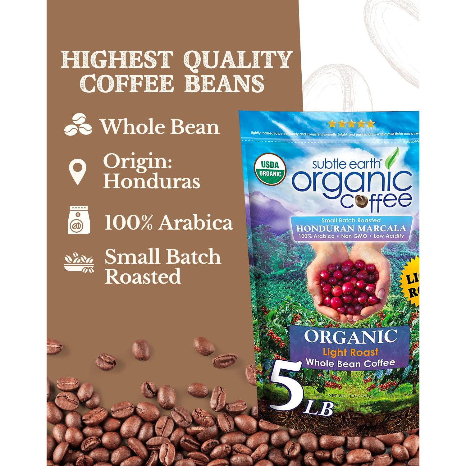 Subtle Earth Organic Coffee - Light Roast - Whole Bean Coffee - 100% Arabica Beans - Low Acidity And Non-Gmo - 5Lb Bag