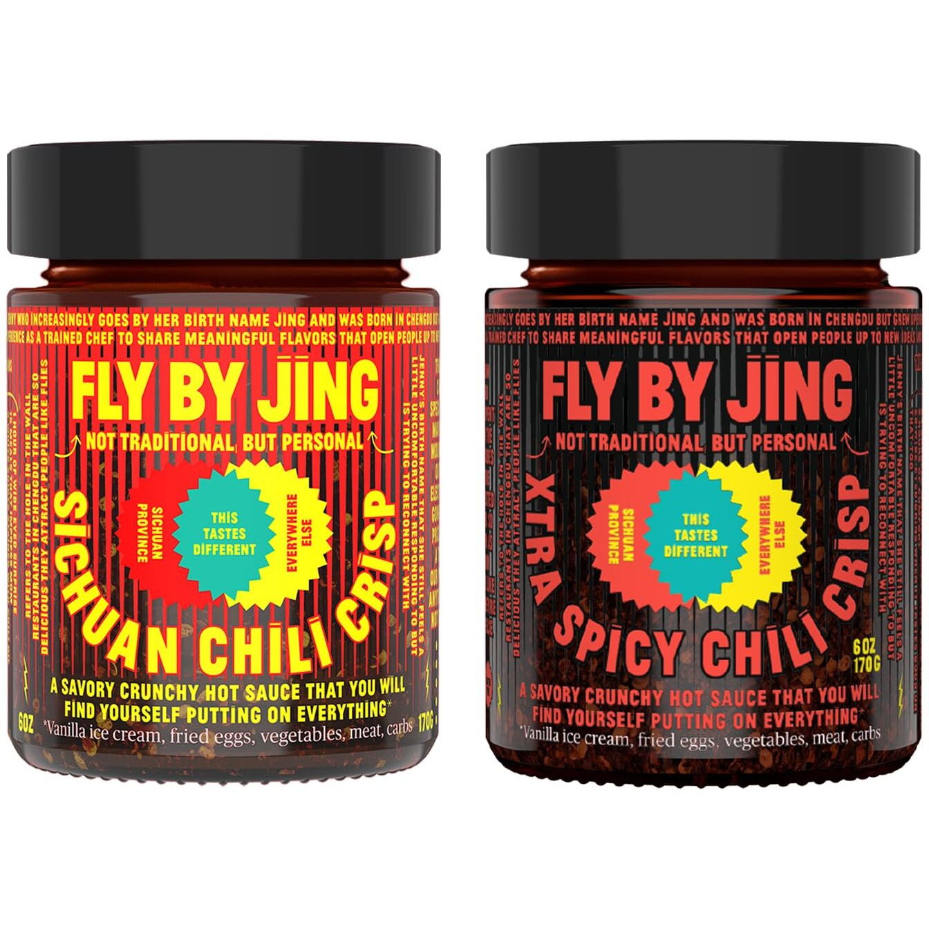 Flybyjing Spicy Duo - Premium Sichuan Chili Crisp And Xtra Spicy Chili Crisp Sauce Bundle - Spicy, Umami Rich, Gluten-Free, Non-Gmo - Elevates The Flavor Of Any Dish - Perfect For Stir-Fries, Dumplings, Noodles And More (6 Oz Each, Pack Of 2)