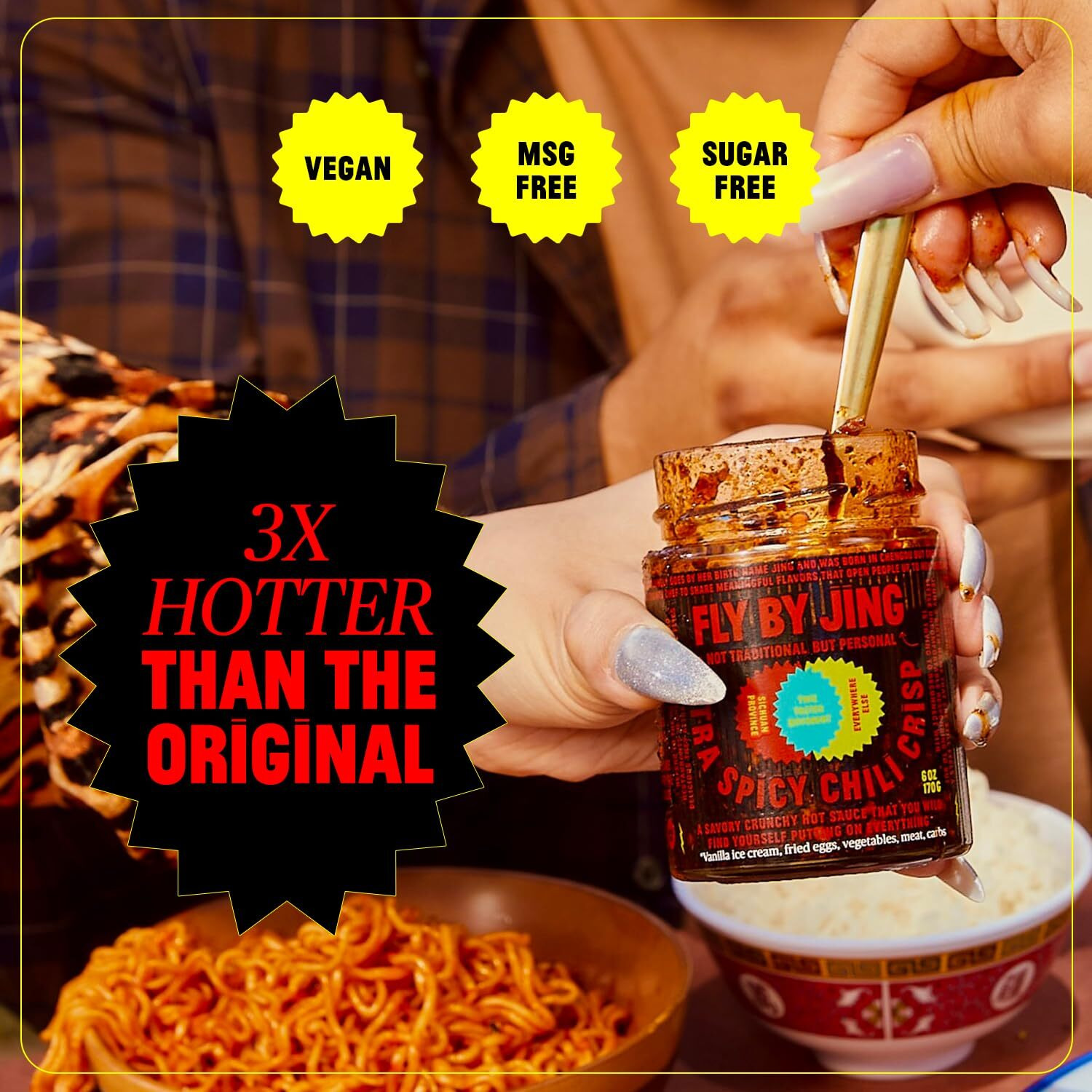 Flybyjing Spicy Duo - Premium Sichuan Chili Crisp And Xtra Spicy Chili Crisp Sauce Bundle - Spicy, Umami Rich, Gluten-Free, Non-Gmo - Elevates The Flavor Of Any Dish - Perfect For Stir-Fries, Dumplings, Noodles And More (6 Oz Each, Pack Of 2)