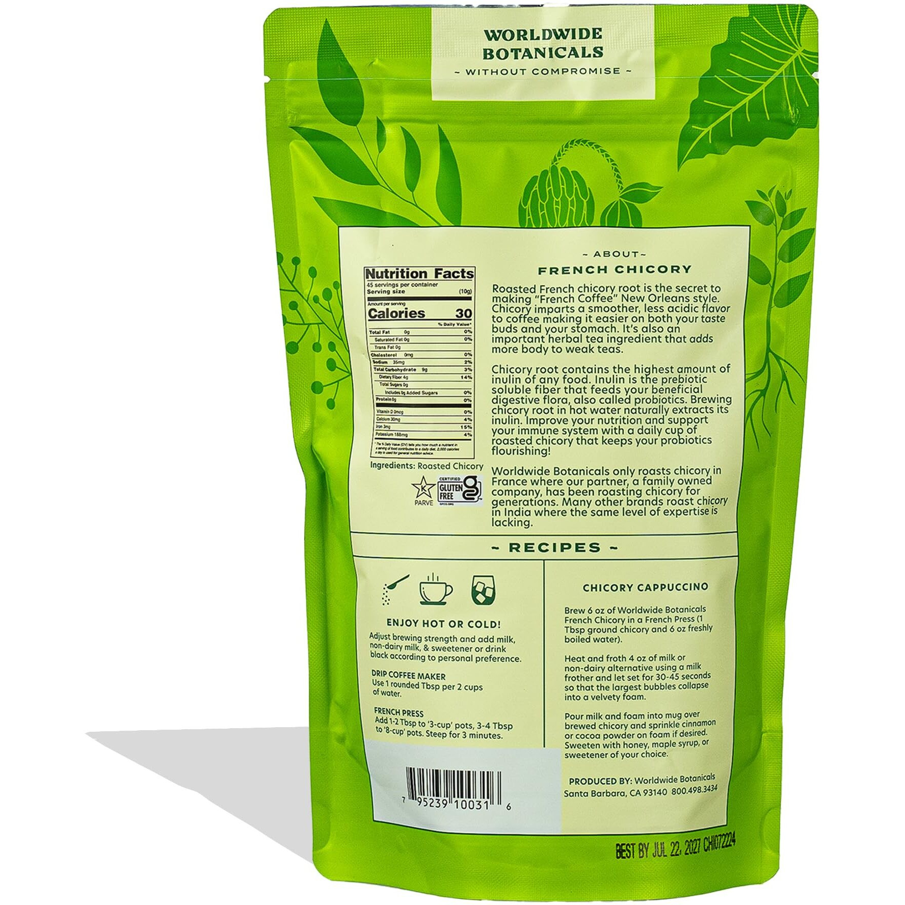Worldwide Botanicals French Chicory Root - Brew Like Coffee, Blend Roasted Chicory Root With Coffee, Prebiotic Coffee Alternative, Acid Free, Caffeine Free, Kosher, 1 Pound, Pack Of 2