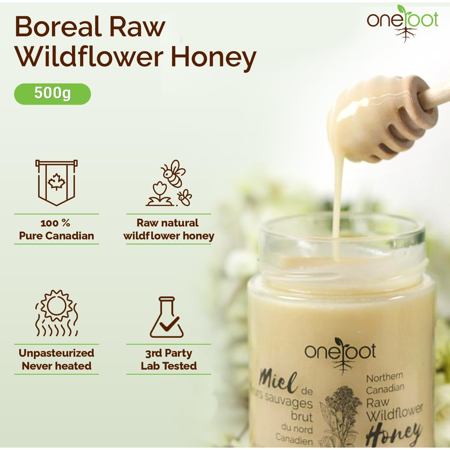 Oneroot 100% Canadian Flower Honey - 17.6 Oz/1.1 Lbs, Honey Wildflower Unfiltered, Unheated & Creamed, Nutrient Rich Raw Wildflower Honey With Enzymes, Thick Natural Sweetener