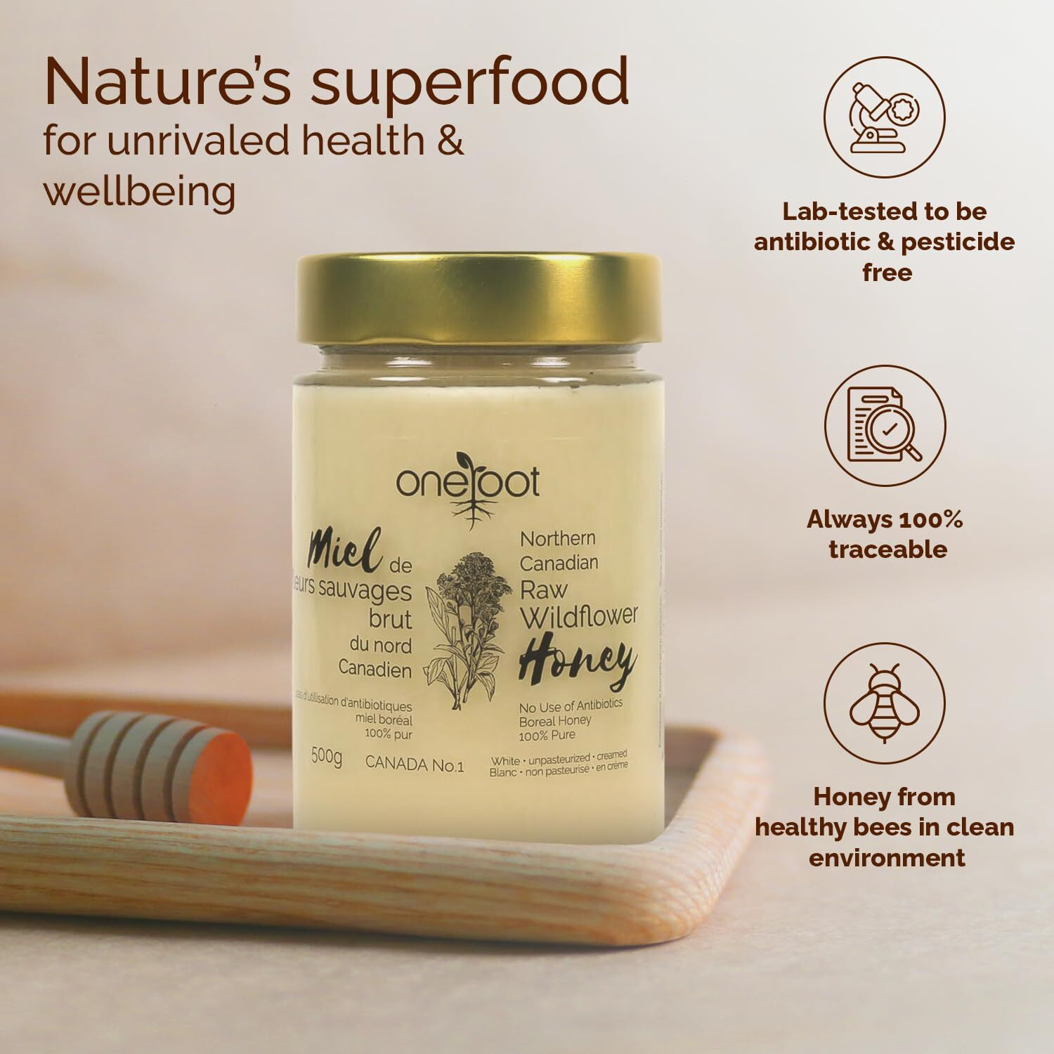 Oneroot 100% Canadian Flower Honey - 17.6 Oz/1.1 Lbs, Honey Wildflower Unfiltered, Unheated & Creamed, Nutrient Rich Raw Wildflower Honey With Enzymes, Thick Natural Sweetener