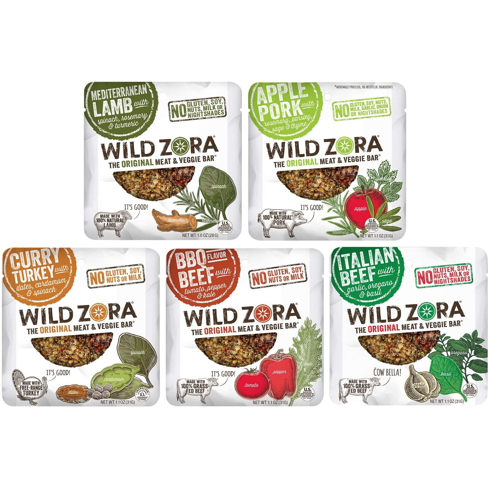 Wild Zora Meat & Veggie Bars, Variety 5-Pack, Natural Pork, Beef, Lamb, & Turkey Jerky Snacks, Healthy Paleo Snacks, Aip Friendly Options, Gluten Free, Soy Free, High Protein, No Added Sweetener