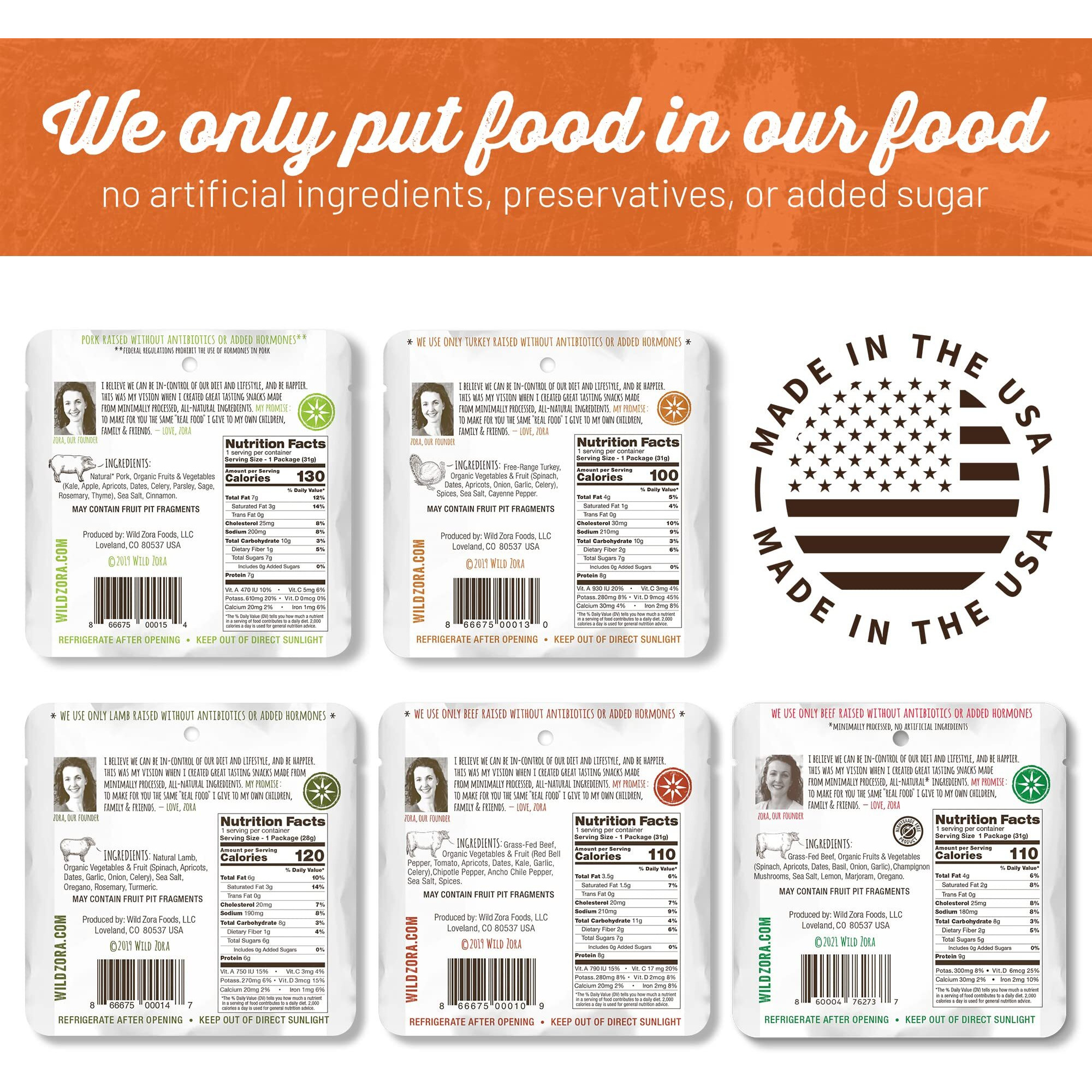 Wild Zora Meat & Veggie Bars, Variety 5-Pack, Natural Pork, Beef, Lamb, & Turkey Jerky Snacks, Healthy Paleo Snacks, Aip Friendly Options, Gluten Free, Soy Free, High Protein, No Added Sweetener