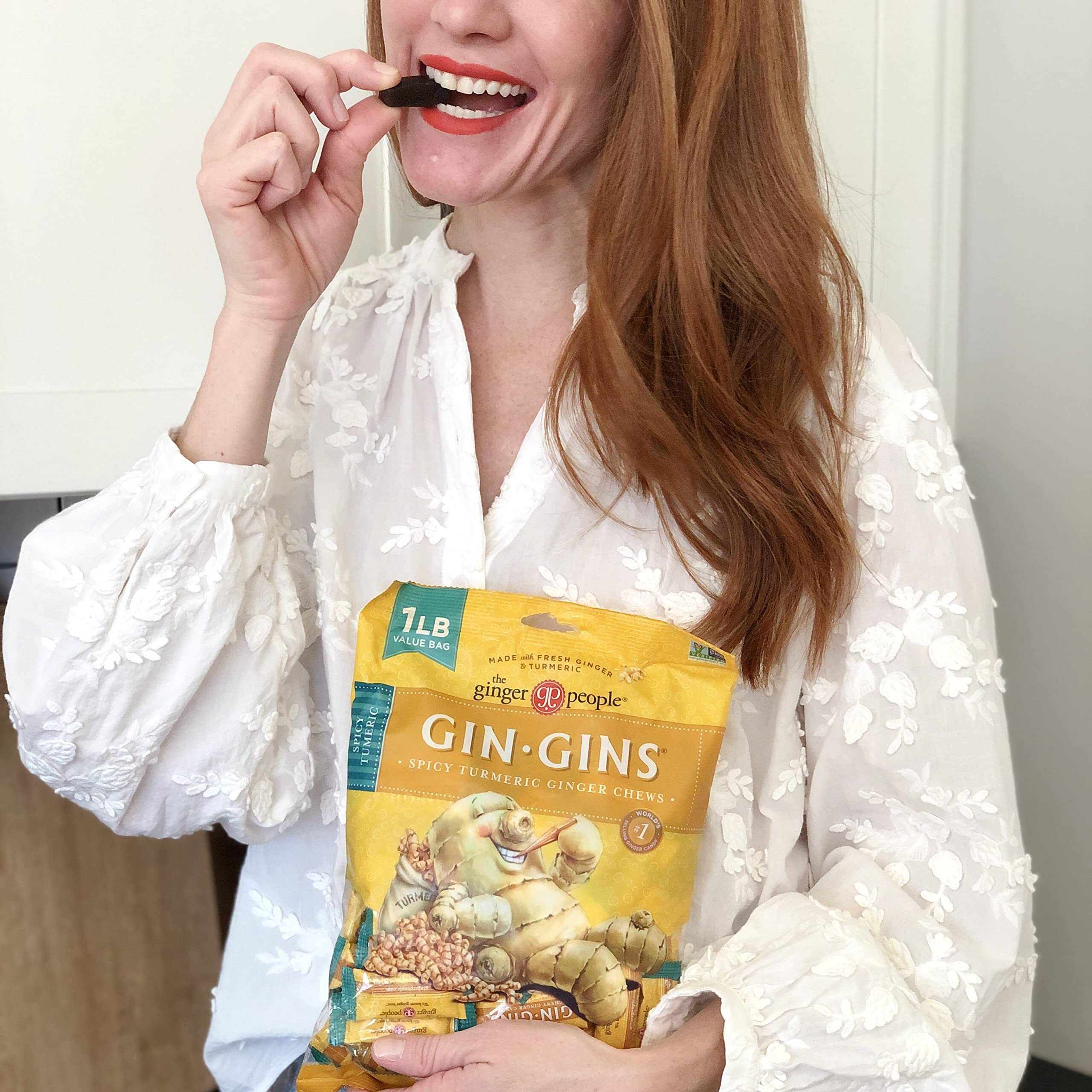 Gin Gins Spicy Turmeric Chewy Ginger Candy By The Ginger People - Anti-Nausea And Digestion Aid, Individually Wrapped Healthy Candy - Spicy Turmeric And Ginger Flavor, Large 1 Lb Bag (Pack Of 1)