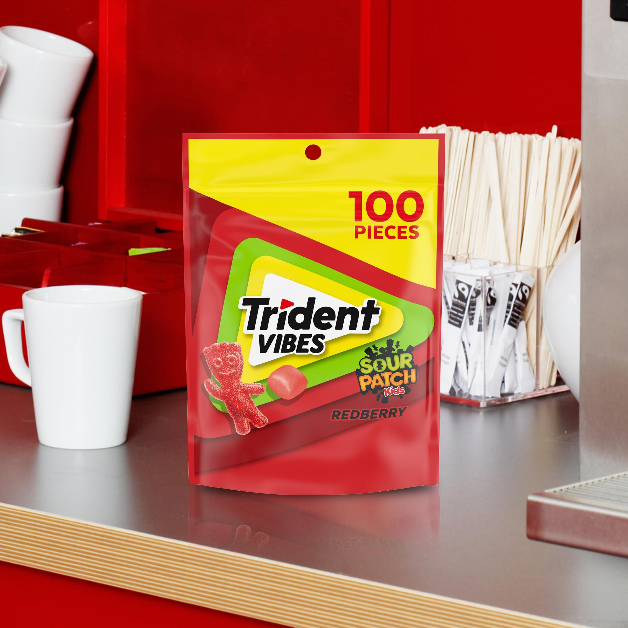 Trident Vibes Sour Patch Kids Redberry Sugar Free Gum, Resealable Pouch, Pack Of 1 (100 Pieces)