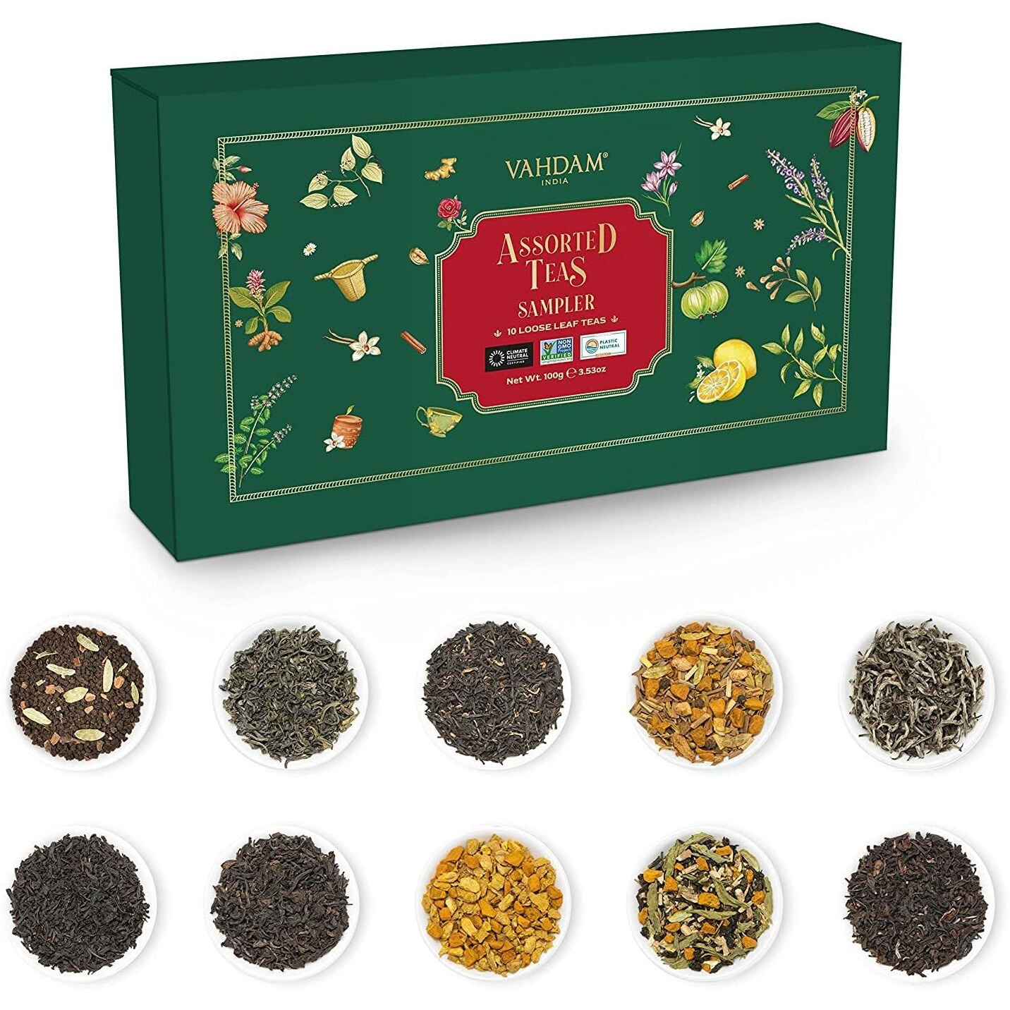 Vahdam, Assorted Loose Leaf Tea Sampler (10 Teas, 50 Servings) Non-Gmo, Gluten Free | Whole Loose Leaf Tea Sampler | Tea Variety Pack | Tea Gift Set | Gifts For Women & Men