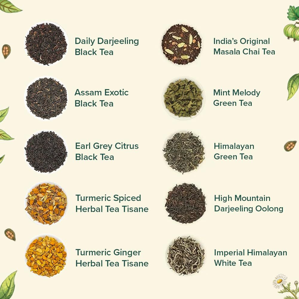 Vahdam, Assorted Loose Leaf Tea Sampler (10 Teas, 50 Servings) Non-Gmo, Gluten Free | Whole Loose Leaf Tea Sampler | Tea Variety Pack | Tea Gift Set | Gifts For Women & Men
