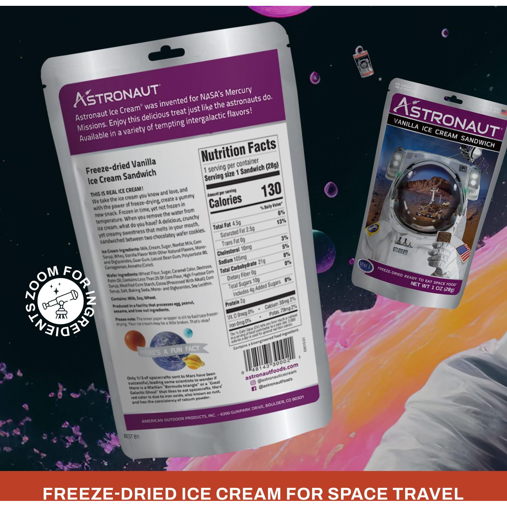 Astronaut Foods Freeze-Dried Ice Cream Sandwich, Nasa Space Dessert, Vanilla, 6 Count