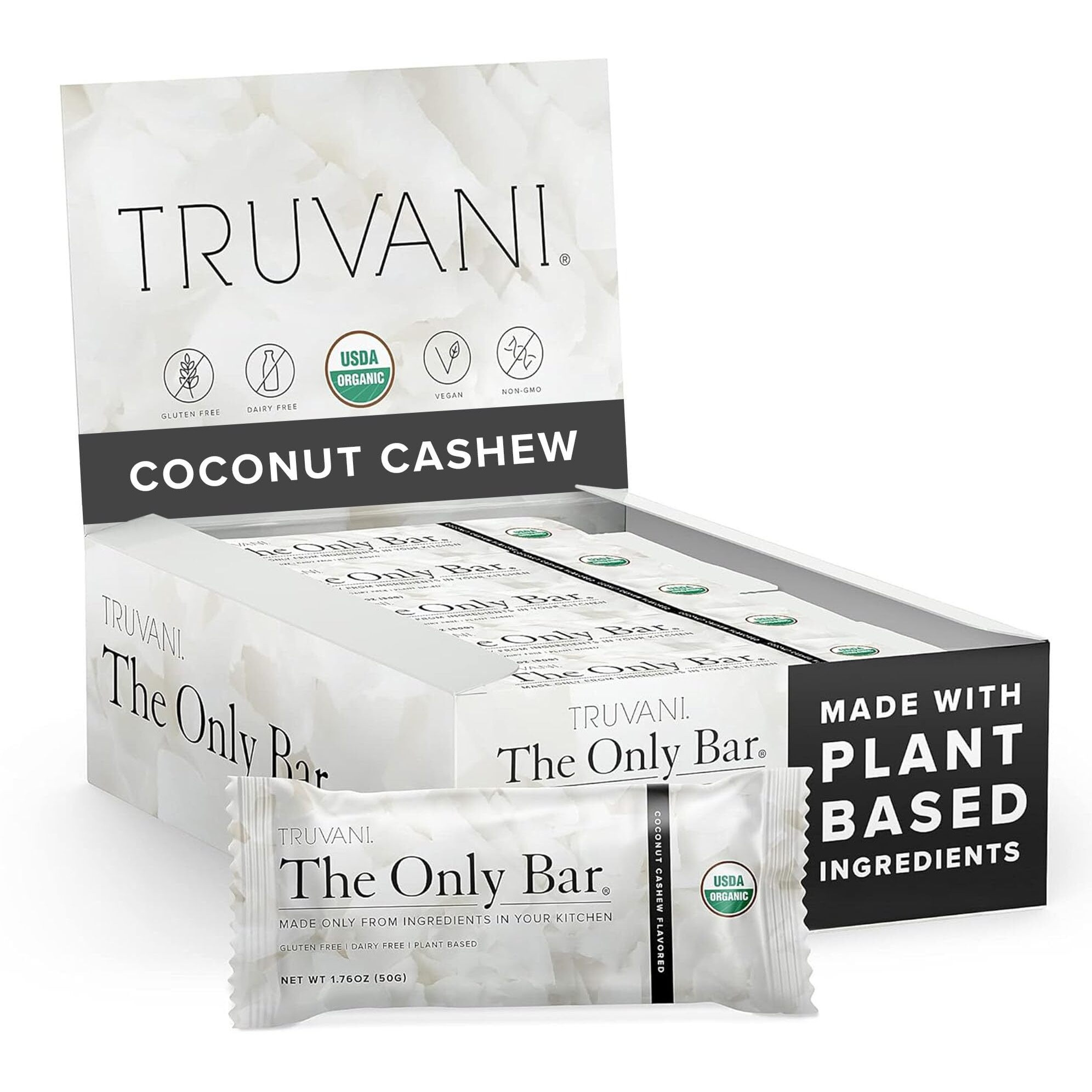 Truvani Plant Based Snack Bar | Coconut Cashew 12 Pack | 5G Protein | Usda Organic And Vegan | The Only Bar | Dairy, Soy, And Gluten Free | Individually Wrapped