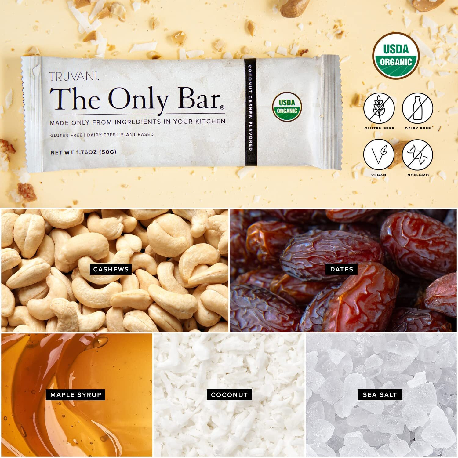 Truvani Plant Based Snack Bar | Coconut Cashew 12 Pack | 5G Protein | Usda Organic And Vegan | The Only Bar | Dairy, Soy, And Gluten Free | Individually Wrapped