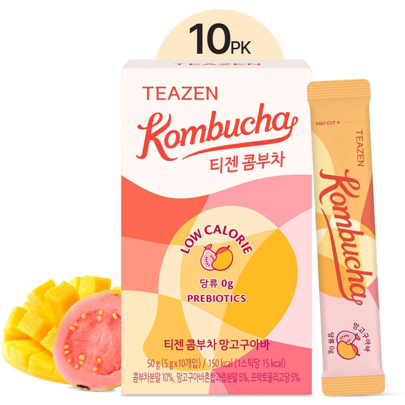 Teazen Mango Guava Kombucha Tea, Hydration Drink Mix, Sugar Free, Live Probiotics & Prebiotics, 10 Sticks, 1.76Oz