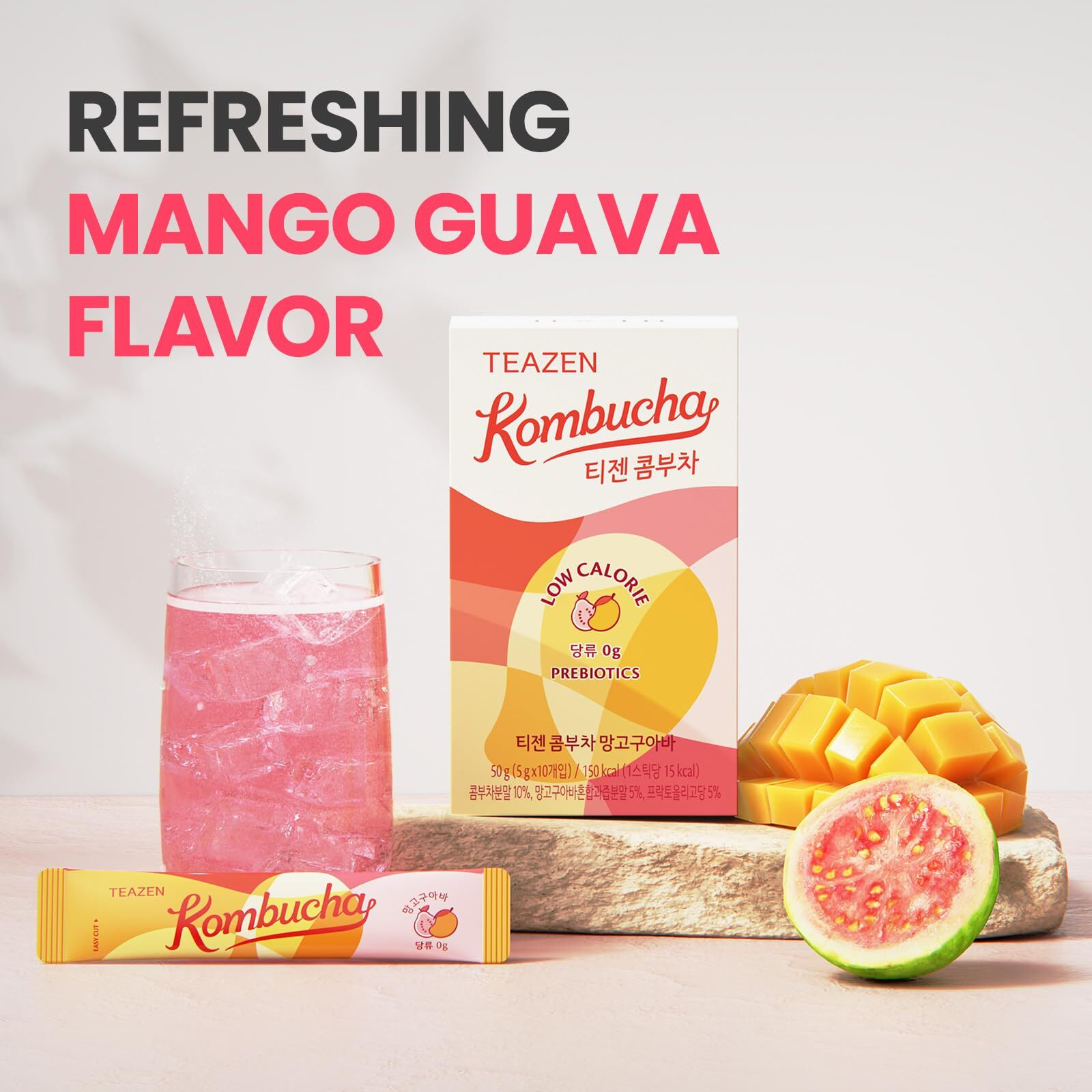 Teazen Mango Guava Kombucha Tea, Hydration Drink Mix, Sugar Free, Live Probiotics & Prebiotics, 10 Sticks, 1.76Oz