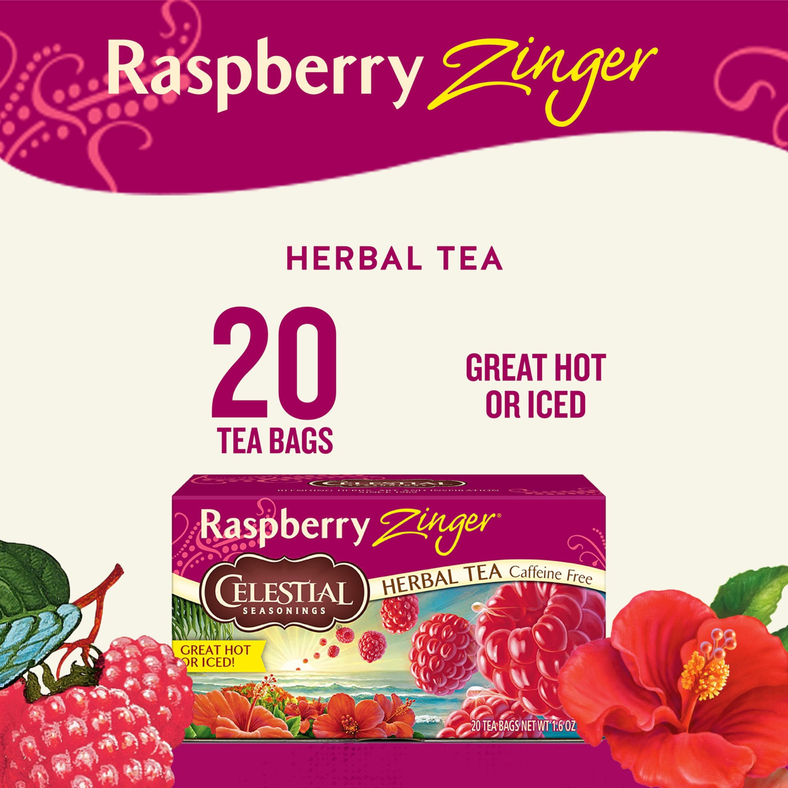Celestial Seasonings Raspberry Zinger Herbal Tea, Caffeine Free, 20 Tea Bags Box, (Pack Of 6)