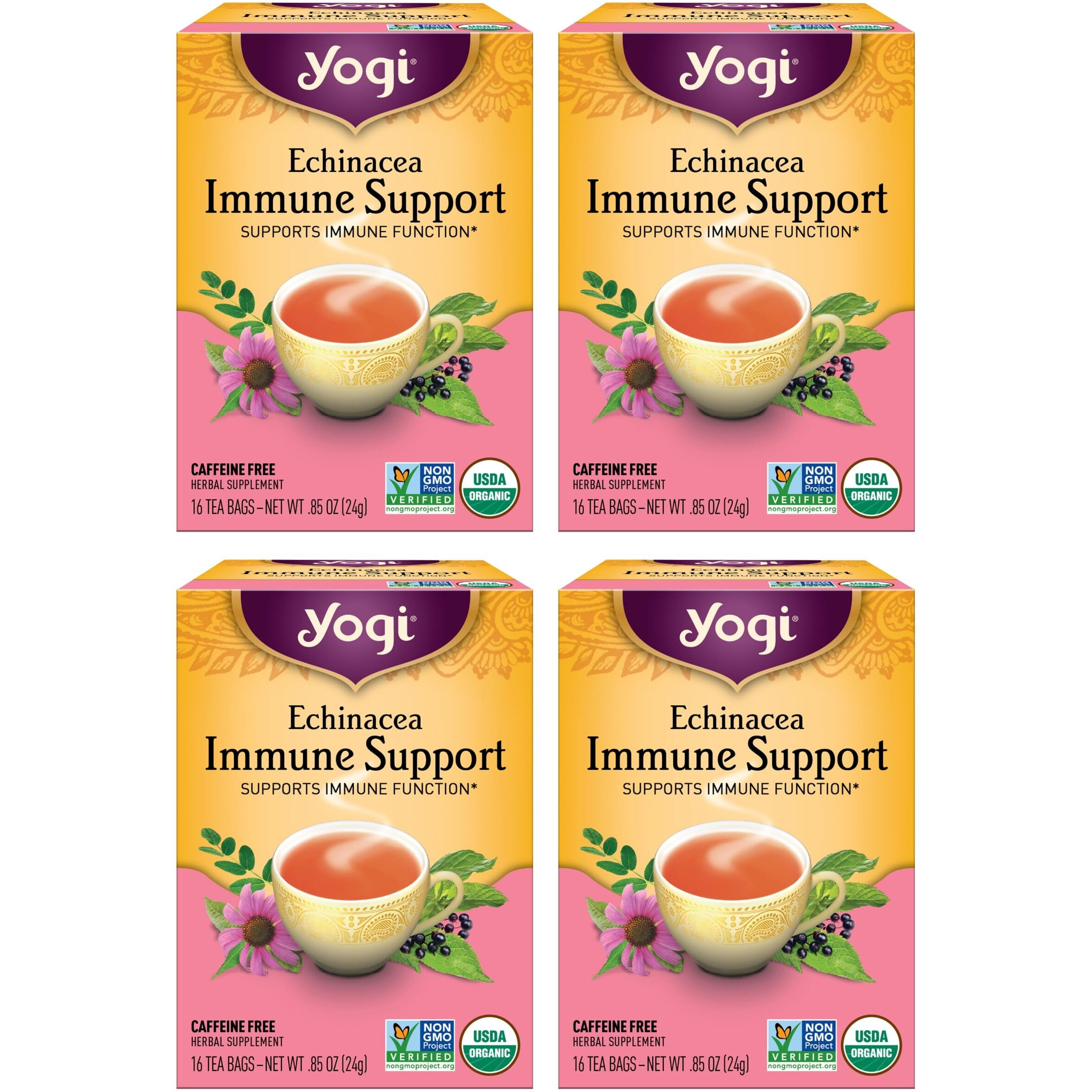 Yogi Tea Echinacea Immune Support Tea - 16 Tea Bags Per Pack (4 Packs) - Organic Immunity Support Tea - Includes Peppermint Leaf, Lemongrass, Cinnamon Bark, Echinacea Purpurea, Licorice Root & More