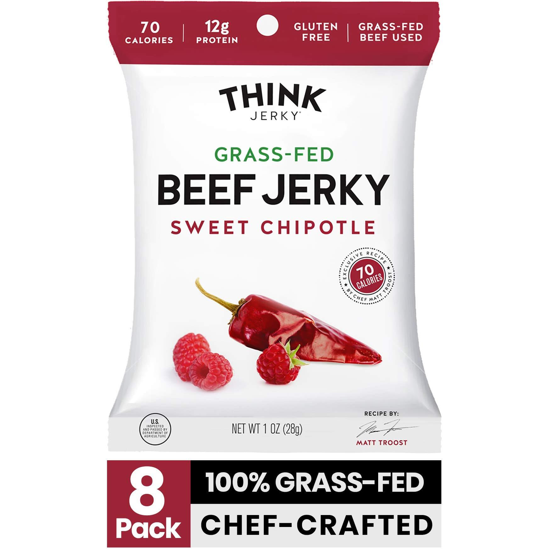 Think Jerky, Sweet Chipotle Beef Jerky (2.2 Ounce Bags, Pack Of 8 Bags) - Delicious Chef Crafted Jerky, Grass-Fed Beef Jerky, Gluten Free, No Antibiotics Or Nitrates - Healthy Protein Snack, Low Calorie And Low Fat