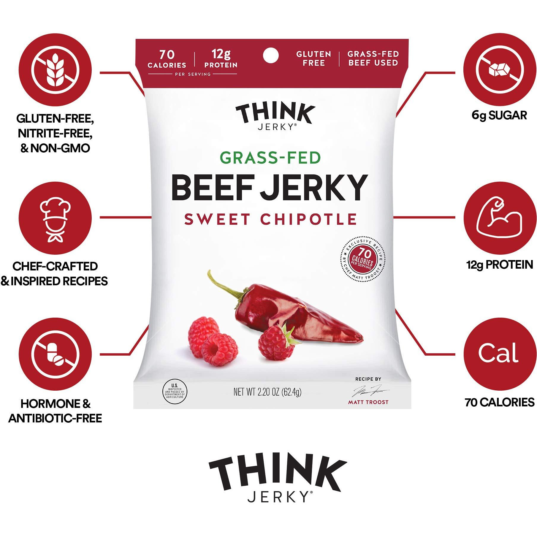 Think Jerky, Sweet Chipotle Beef Jerky (2.2 Ounce Bags, Pack Of 8 Bags) - Delicious Chef Crafted Jerky, Grass-Fed Beef Jerky, Gluten Free, No Antibiotics Or Nitrates - Healthy Protein Snack, Low Calorie And Low Fat