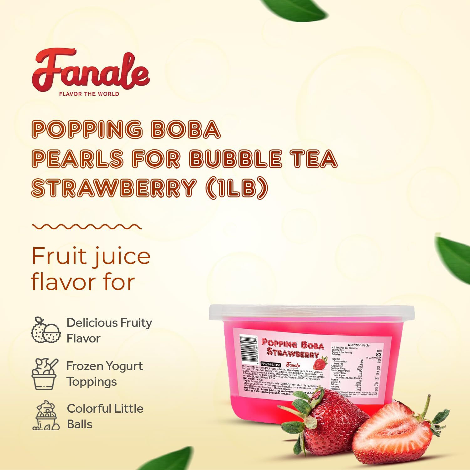 Fanale Popping Boba Pearls, 100% Fat Free, Bursting Boba, Vegan Popping Pearls For Bubble Tea, Shakes, Desserts And Smoothie, Strawberry Popping Boba, 1 Pound (Pack Of 1)