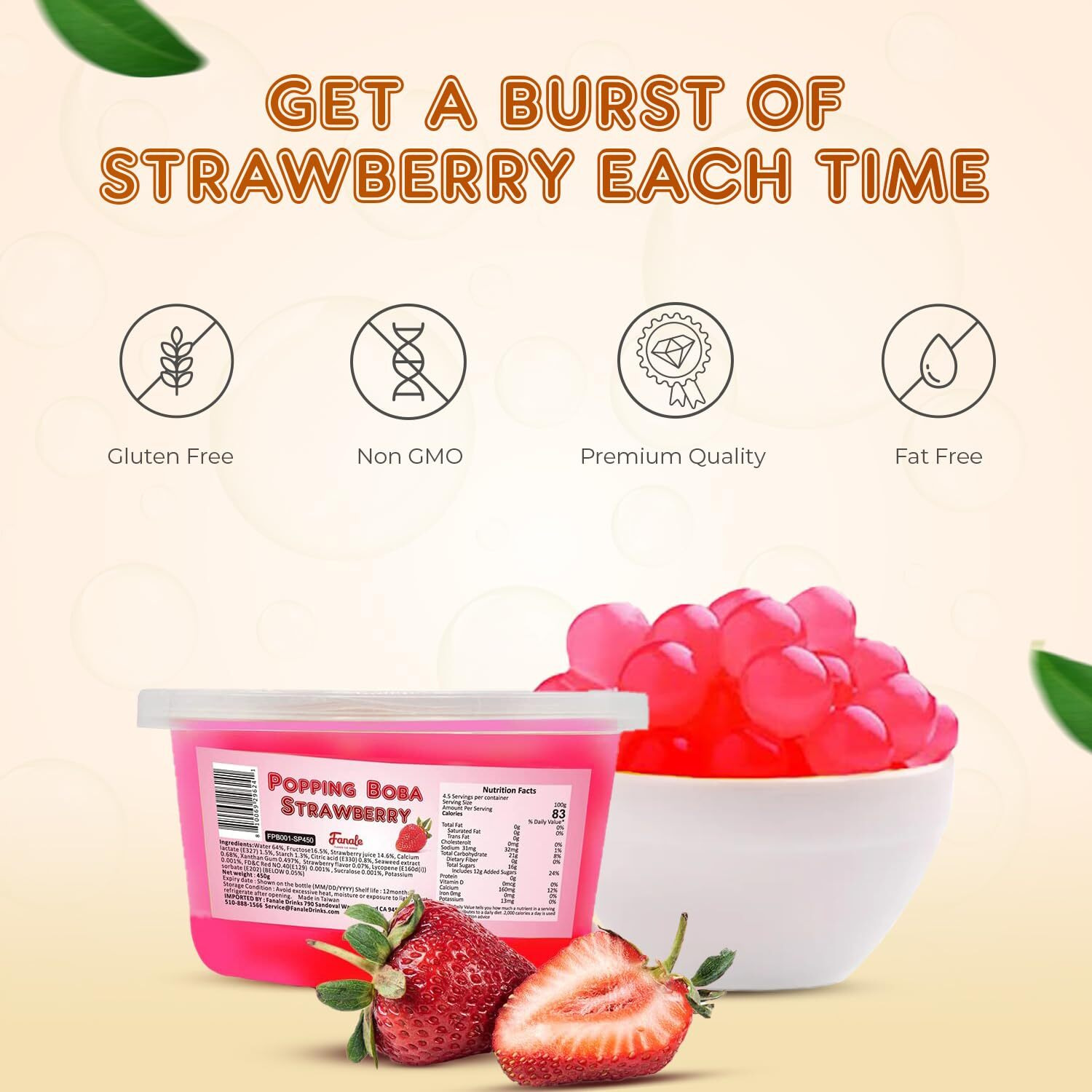 Fanale Popping Boba Pearls, 100% Fat Free, Bursting Boba, Vegan Popping Pearls For Bubble Tea, Shakes, Desserts And Smoothie, Strawberry Popping Boba, 1 Pound (Pack Of 1)