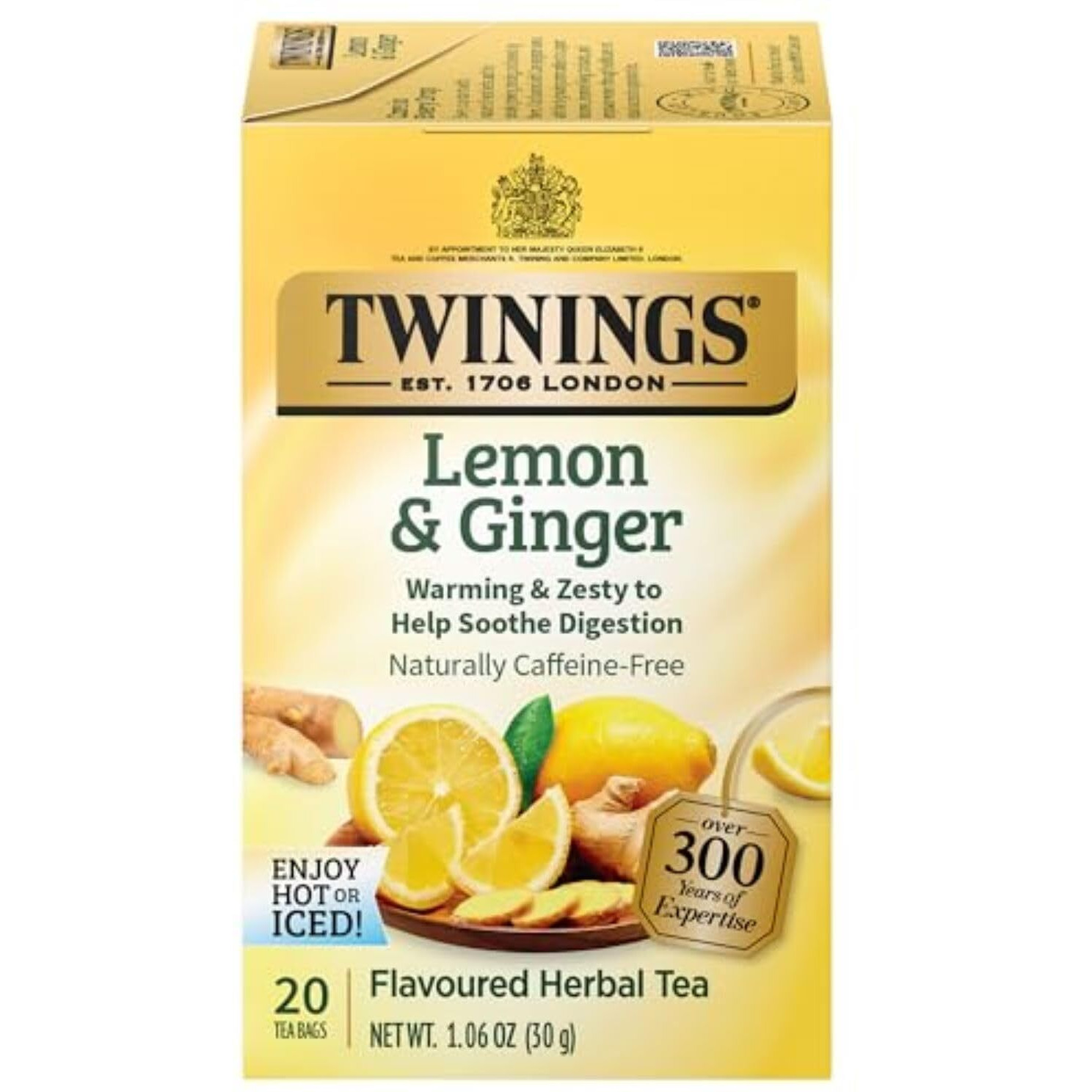 Twinings Lemon & Ginger Individually Wrapped Herbal Tea Bags, 20 Count (Pack Of 6), Tangy Lemon, Spicy Ginger, Caffeine Free, Enjoy Hot Or Iced
