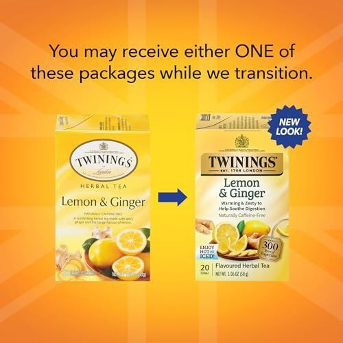 Twinings Lemon & Ginger Individually Wrapped Herbal Tea Bags, 20 Count (Pack Of 6), Tangy Lemon, Spicy Ginger, Caffeine Free, Enjoy Hot Or Iced