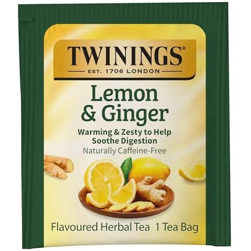 Twinings Lemon & Ginger Individually Wrapped Herbal Tea Bags, 20 Count (Pack Of 6), Tangy Lemon, Spicy Ginger, Caffeine Free, Enjoy Hot Or Iced