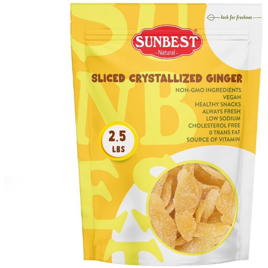 Sunbest Natural - Sliced & Candied Ginger, Crystallized Ginger For Baking And For Snacking, Vegan Dried Ginger, Non-Gmo, Kosher Ginger Candy In Resealable Bags, 2.5 Lbs