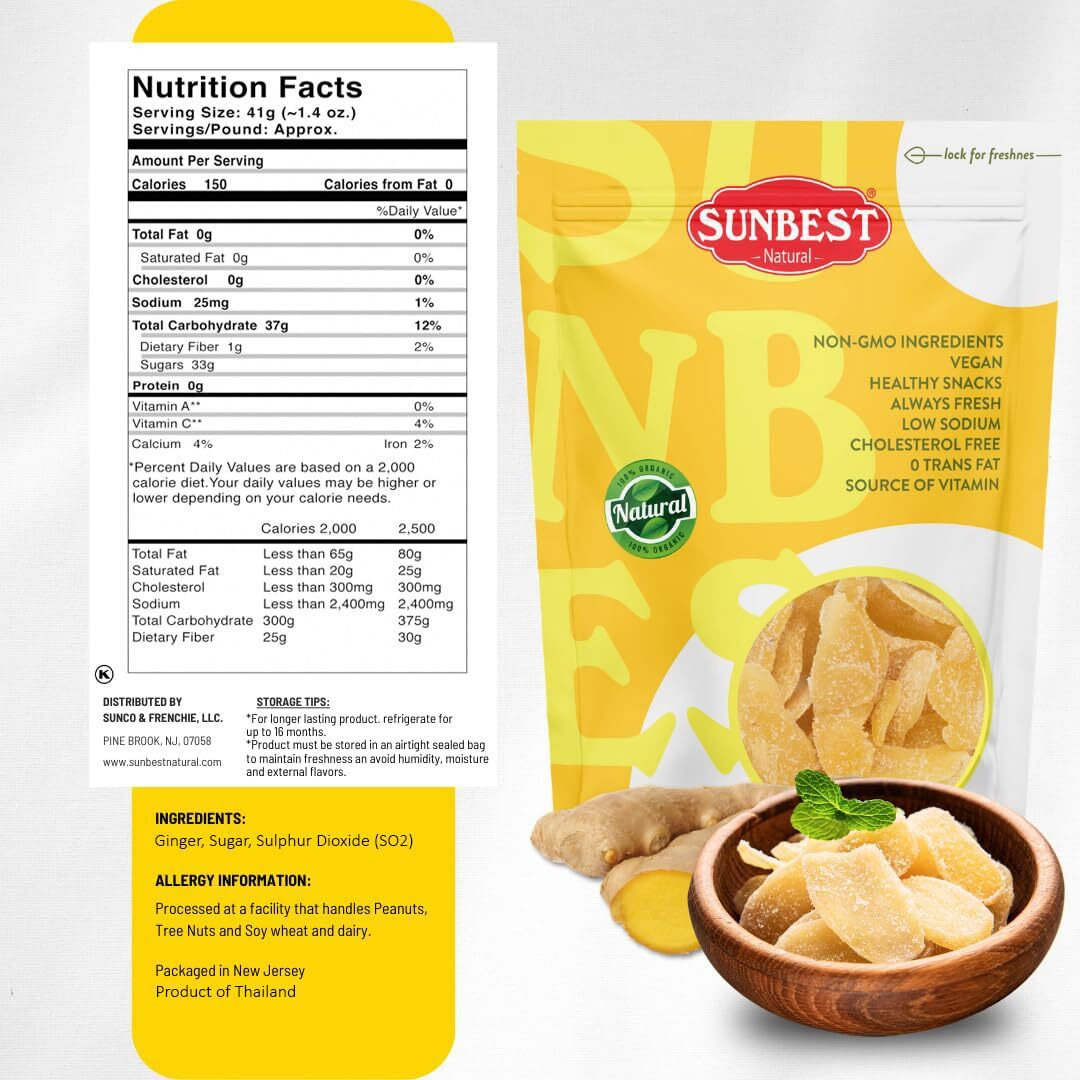 Sunbest Natural - Sliced & Candied Ginger, Crystallized Ginger For Baking And For Snacking, Vegan Dried Ginger, Non-Gmo, Kosher Ginger Candy In Resealable Bags, 2.5 Lbs