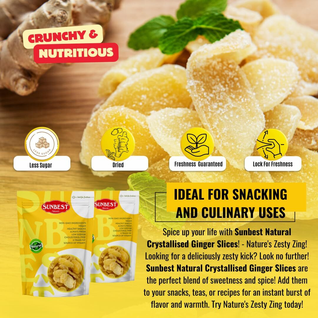 Sunbest Natural - Sliced & Candied Ginger, Crystallized Ginger For Baking And For Snacking, Vegan Dried Ginger, Non-Gmo, Kosher Ginger Candy In Resealable Bags, 2.5 Lbs