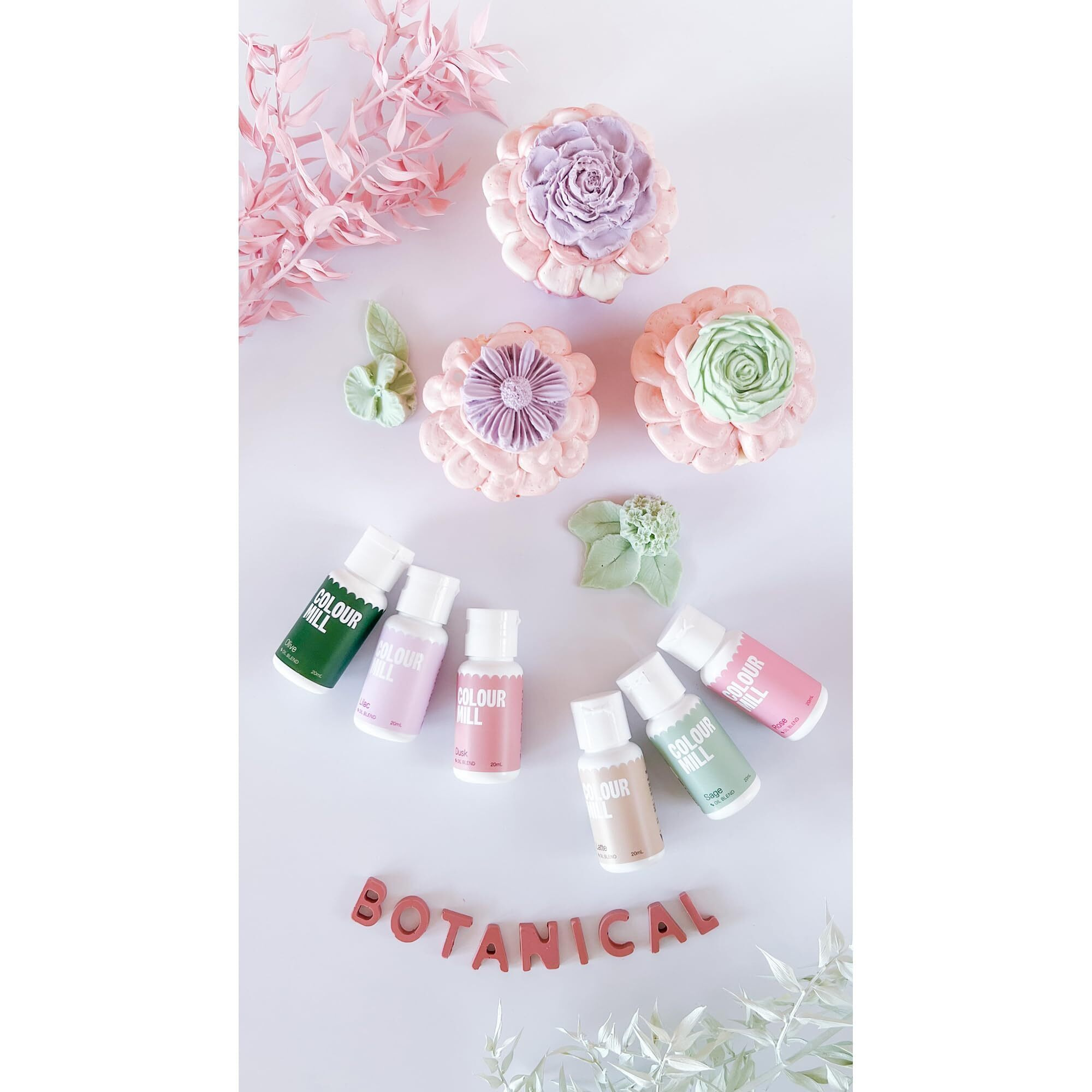 Colour Mill Botanical Oil-Based Food Coloring, 20 Milliliters Each Of 6 Colors Dusk, Latte, Lilac, Olive, Rose & Sage, 120.0 Grams, 4.08 Fl Oz