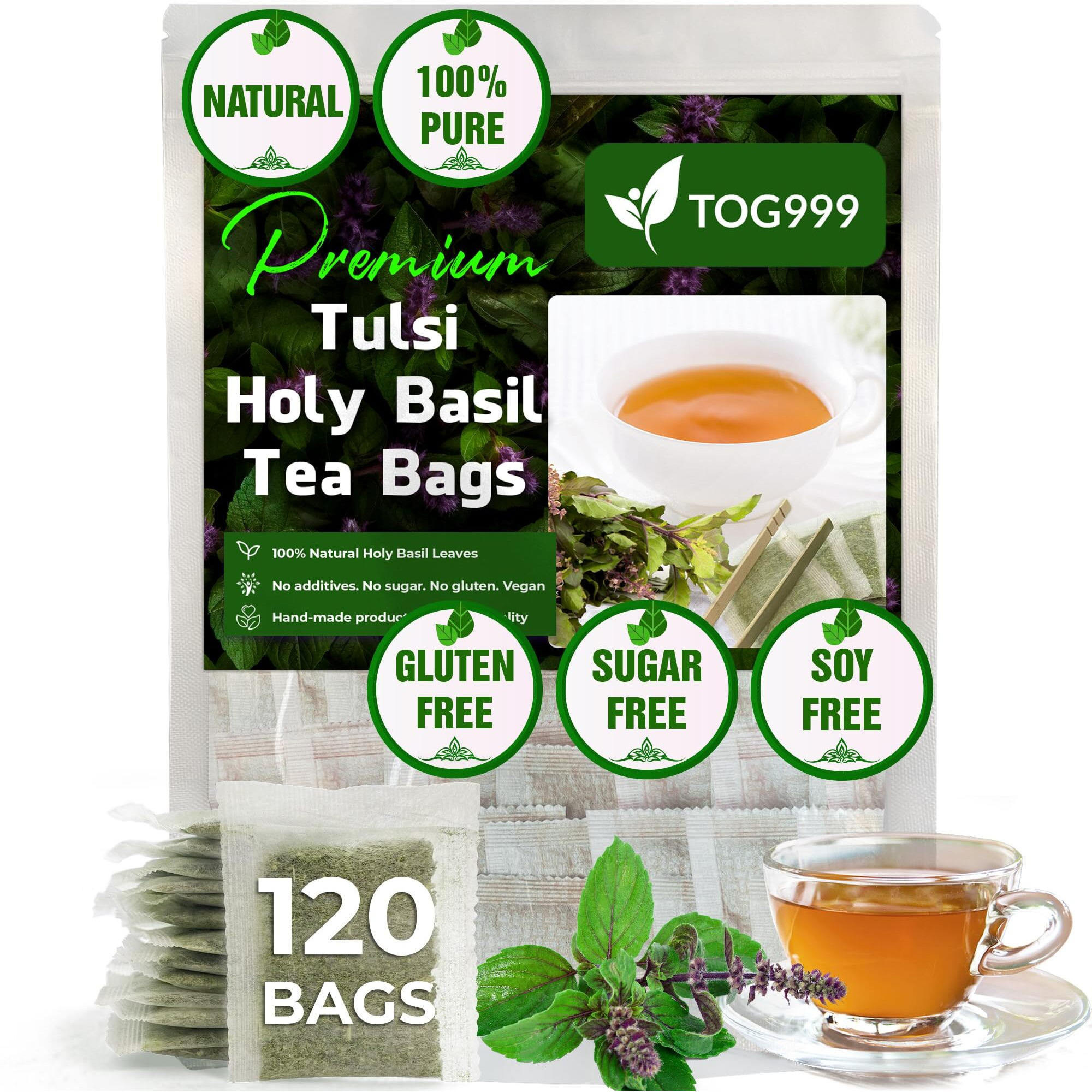 120 Tea Bags - Holy Basil Leaf Tea, 100% Natural & Pure Holy Basil Leaves. Loose Leaf Holy Basil Herbal Tea. Holy Basil Leaf Tea. No Sugar, No Caffeine, No Gluten, Vegan.